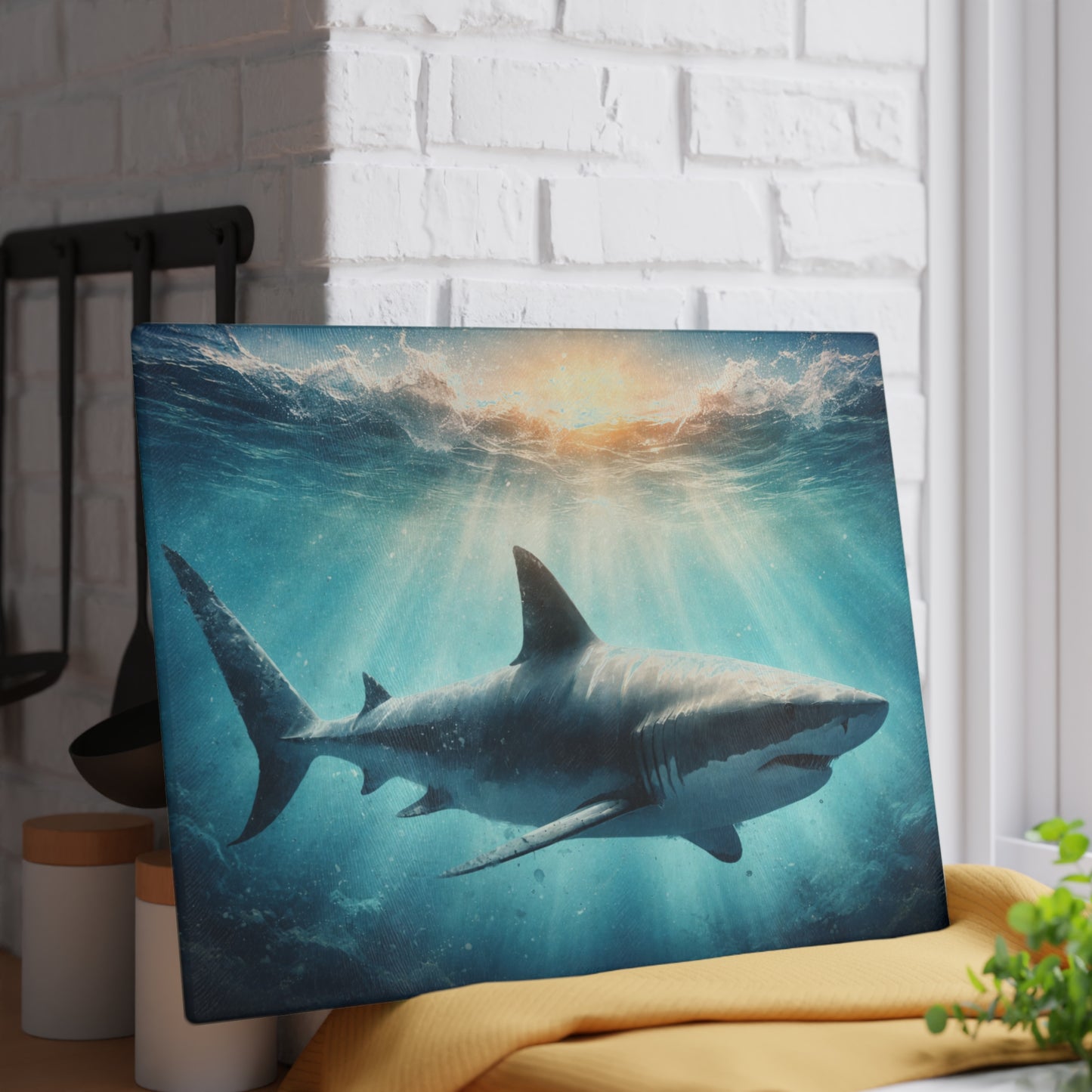 Ocean Guardian Glass Cutting Board – Majestic Shark in Sunlit Blue Waters