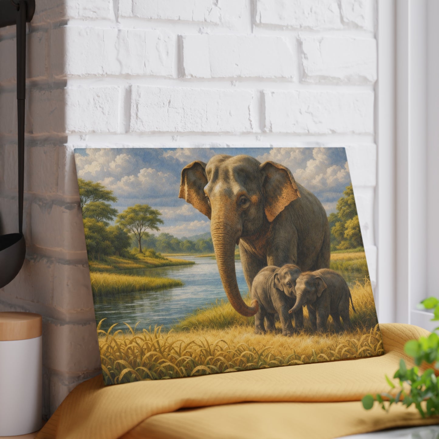 Elephant Family River Meadow Glass Cutting Board – Peaceful Wildlife Landscape Kitchen Art