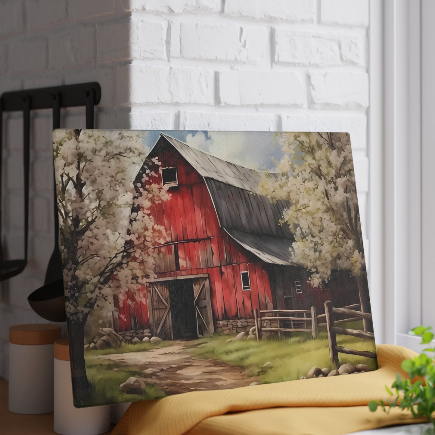 🌸🚜 Rustic Red Barn Blossom Cutting Board – Farmhouse Charm for Your Kitchen 🌾🐓
