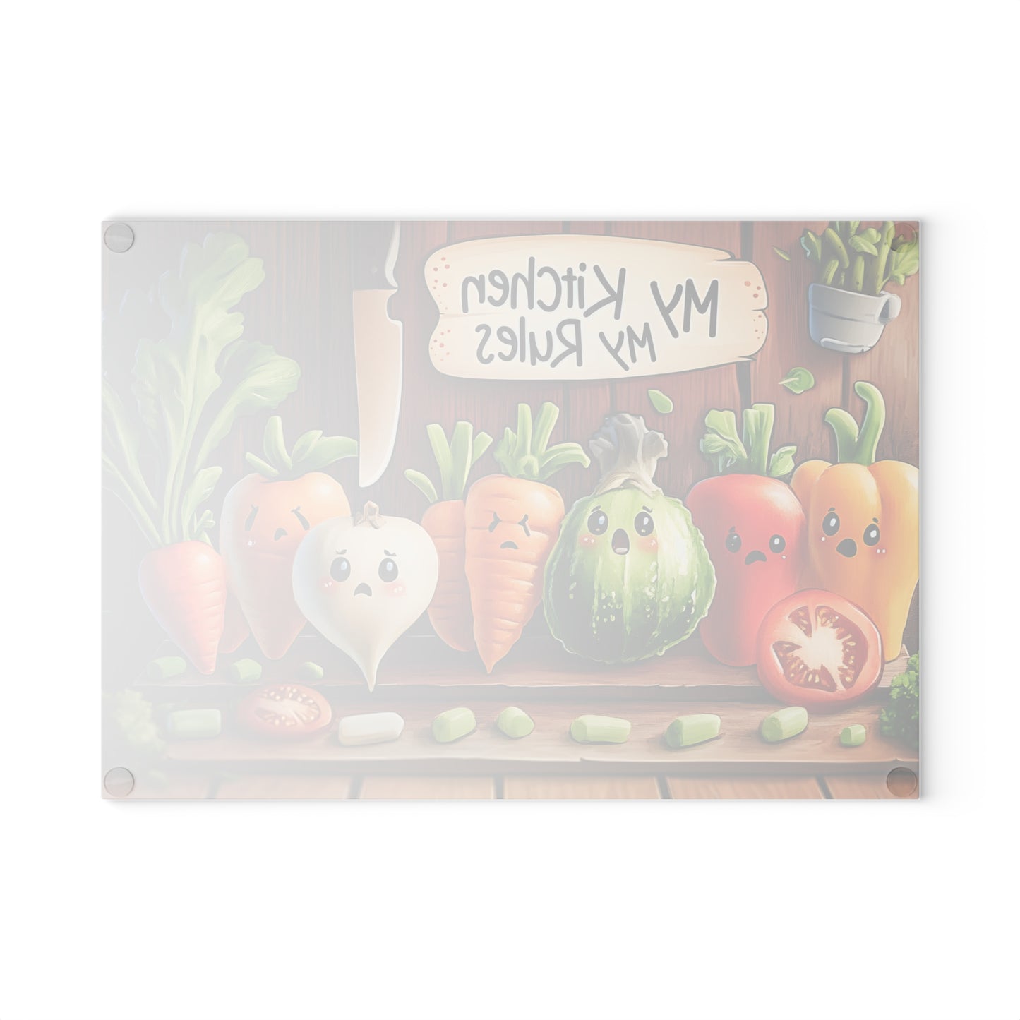 Tabla de cortar de vidrio “Mi cocina, mis reglas” – Verduras asustadas y humor de cocina atrevido