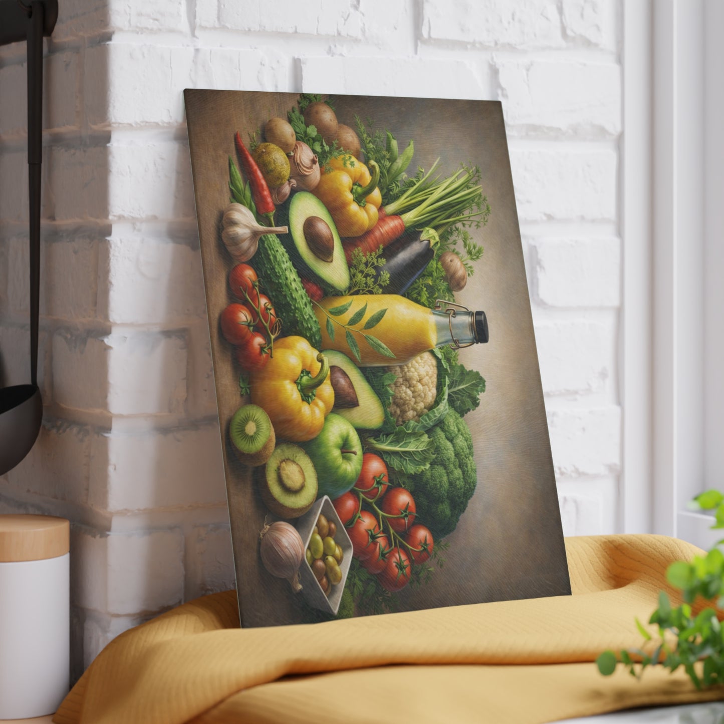 Garden Harvest Still Life Glass Cutting Board – Rustic Vegetable & Fresh Produce Kitchen Art