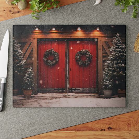 🎄 Rustic Red Barn Christmas Cutting Board – Cozy Country Charm for the Holidays 🎁