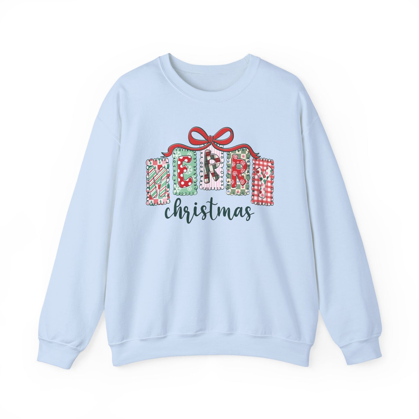 🎀✨ Merry Christmas Sweatshirt – Cozy Patchwork Holiday Crewneck