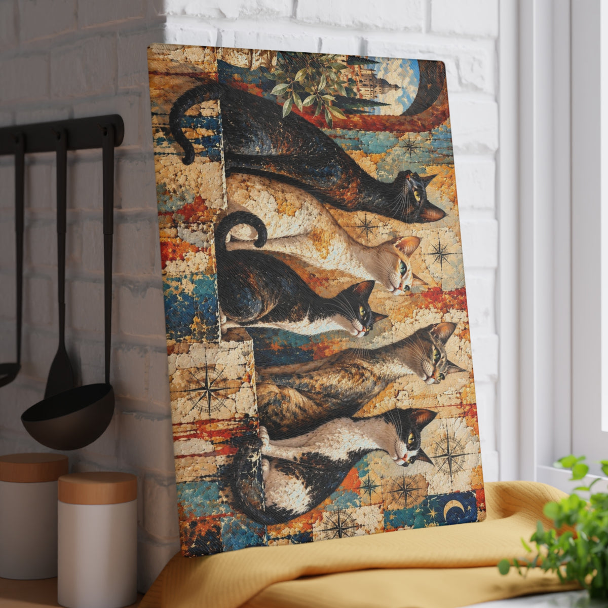 Five Curious Cats Tempered Glass Cutting Board – Colorful Mediterranean Cat Artwork – 11 × 15 Inches