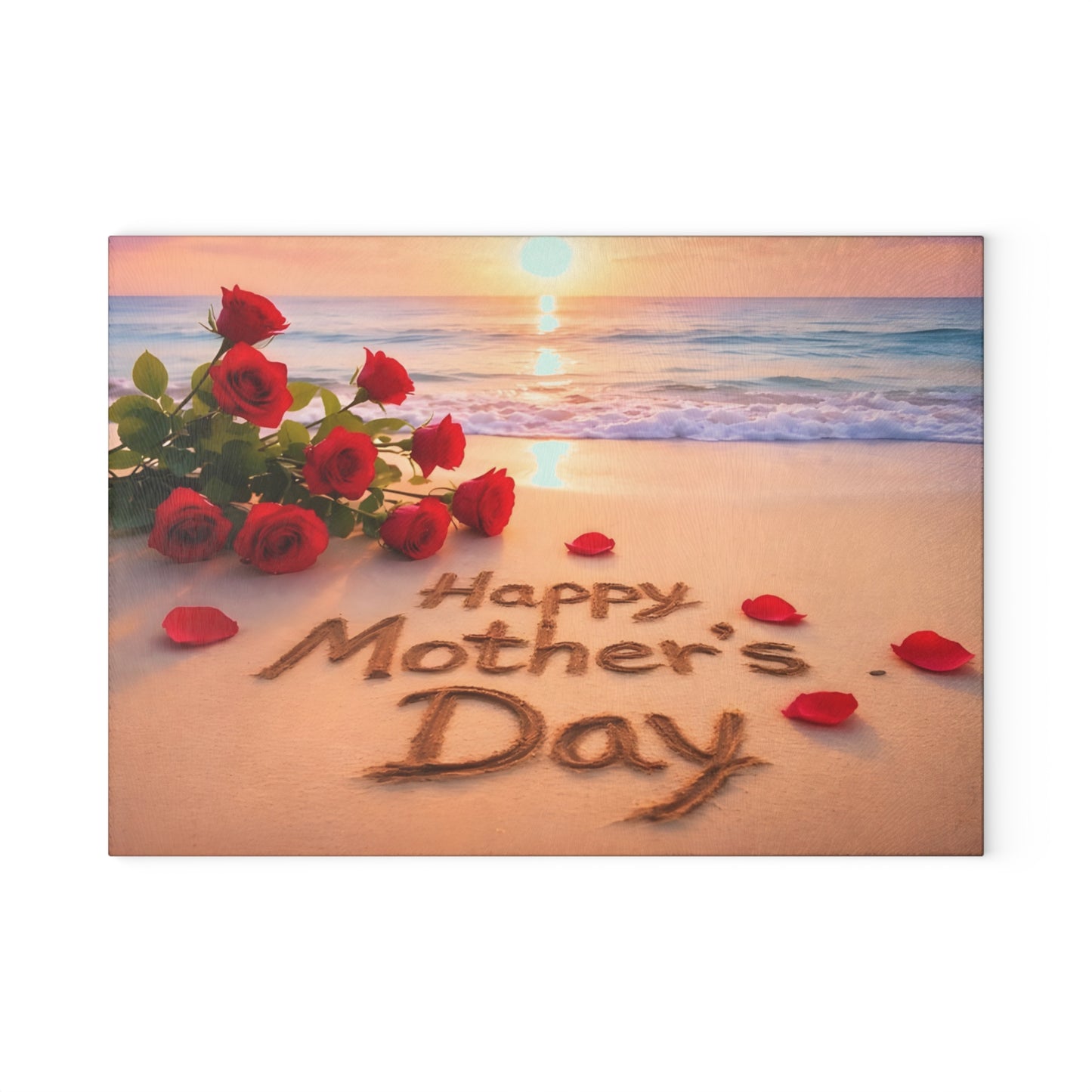 Mother’s Day Beach Scene Glass Cutting Board – Coastal Elegance with Heartfelt Charm
