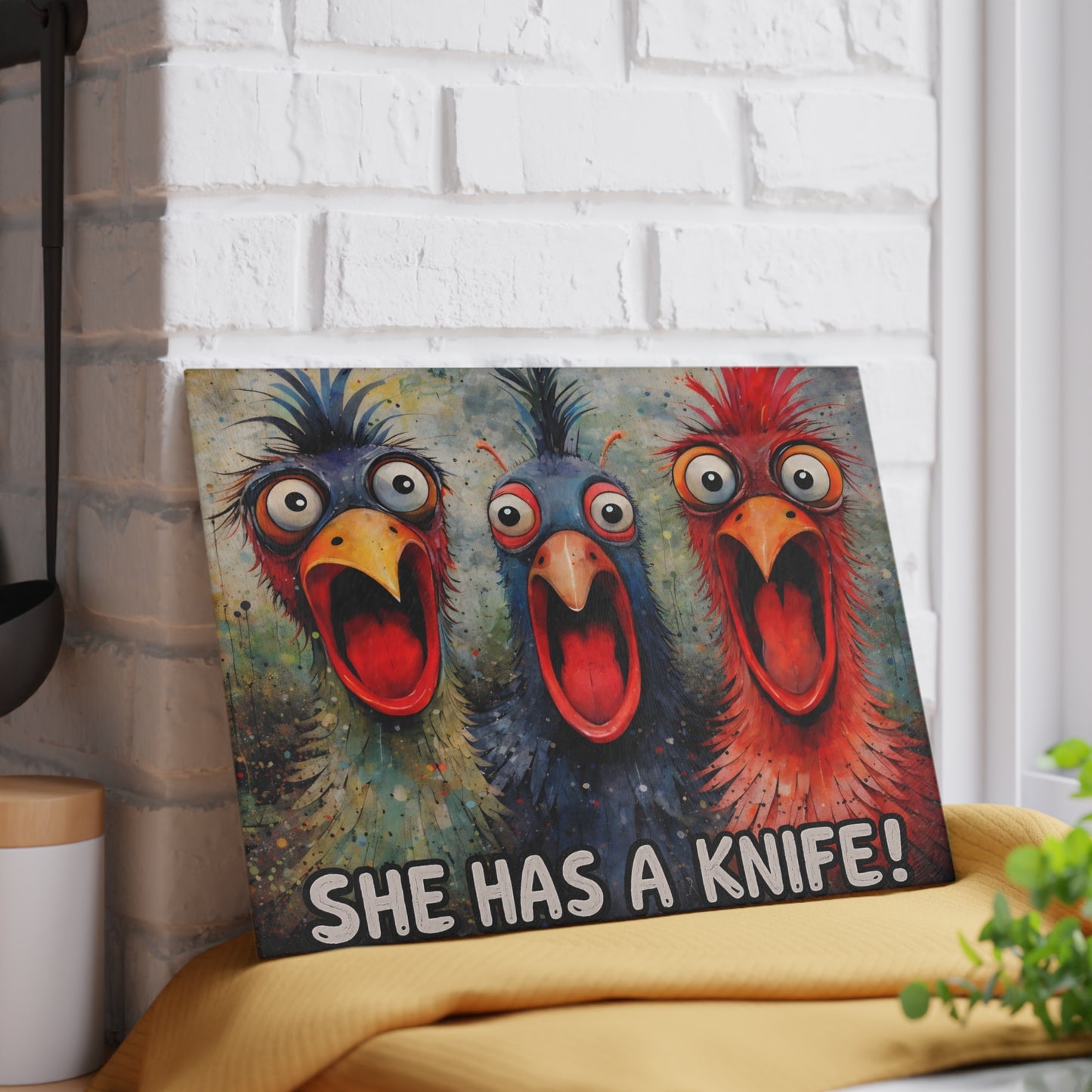 She Has a Knife Glass Cutting Board – Funny Chicken Kitchen Art with Bold Farm Humor