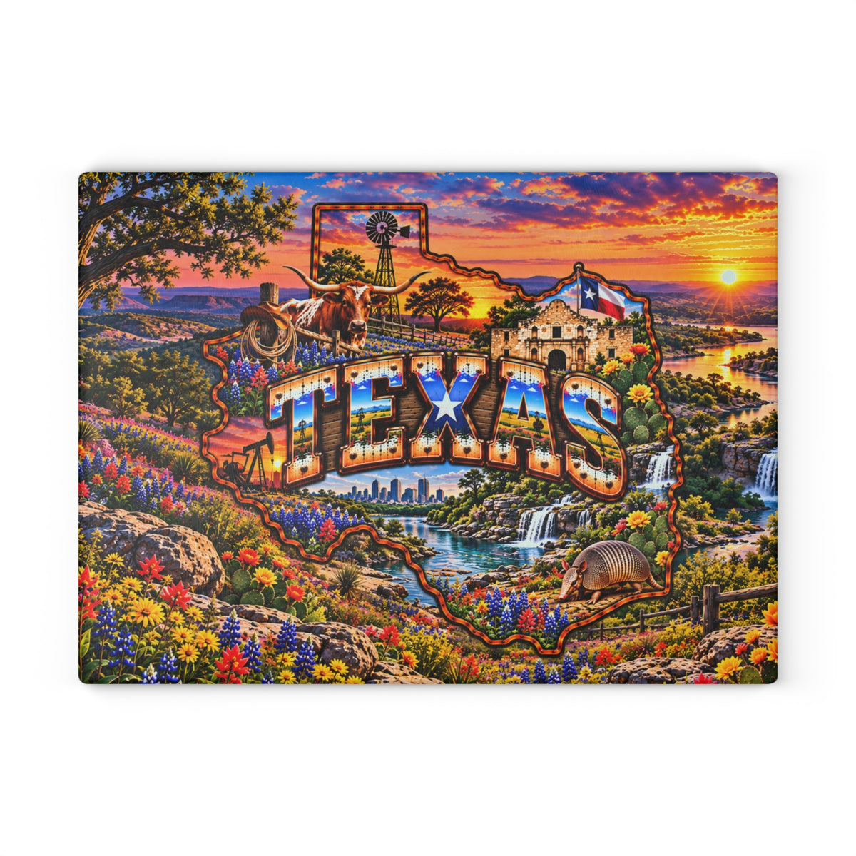 Texas Glass Cutting Board – Texas State Map, Longhorn, Alamo, Bluebonnets, Waterfalls & Sunset Kitchen Décor