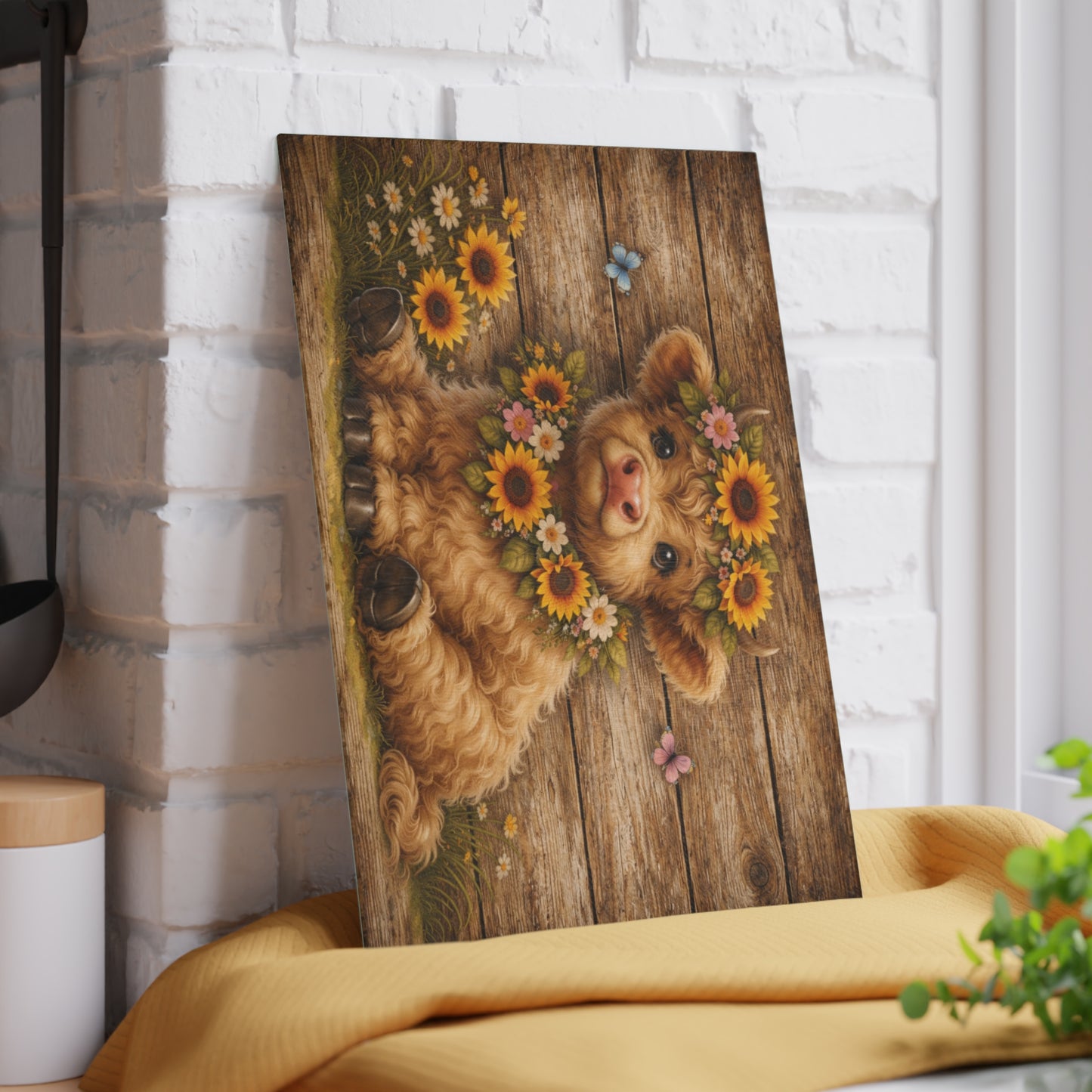Floral Highland Calf Glass Cutting Board – Rustic Farmhouse Wood Background