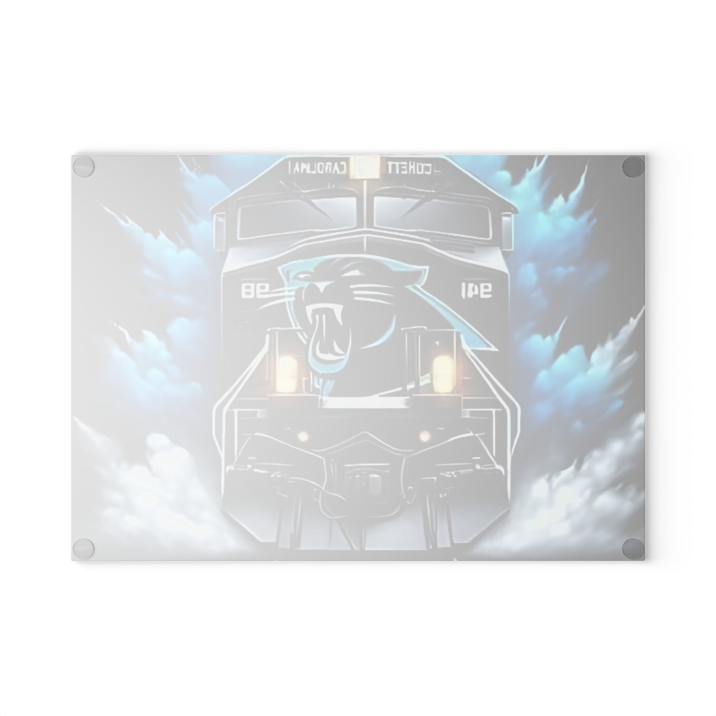 Panther Blue & Black Express Glass Cutting Board – Sleek Train Art for Bold Modern Kitchens