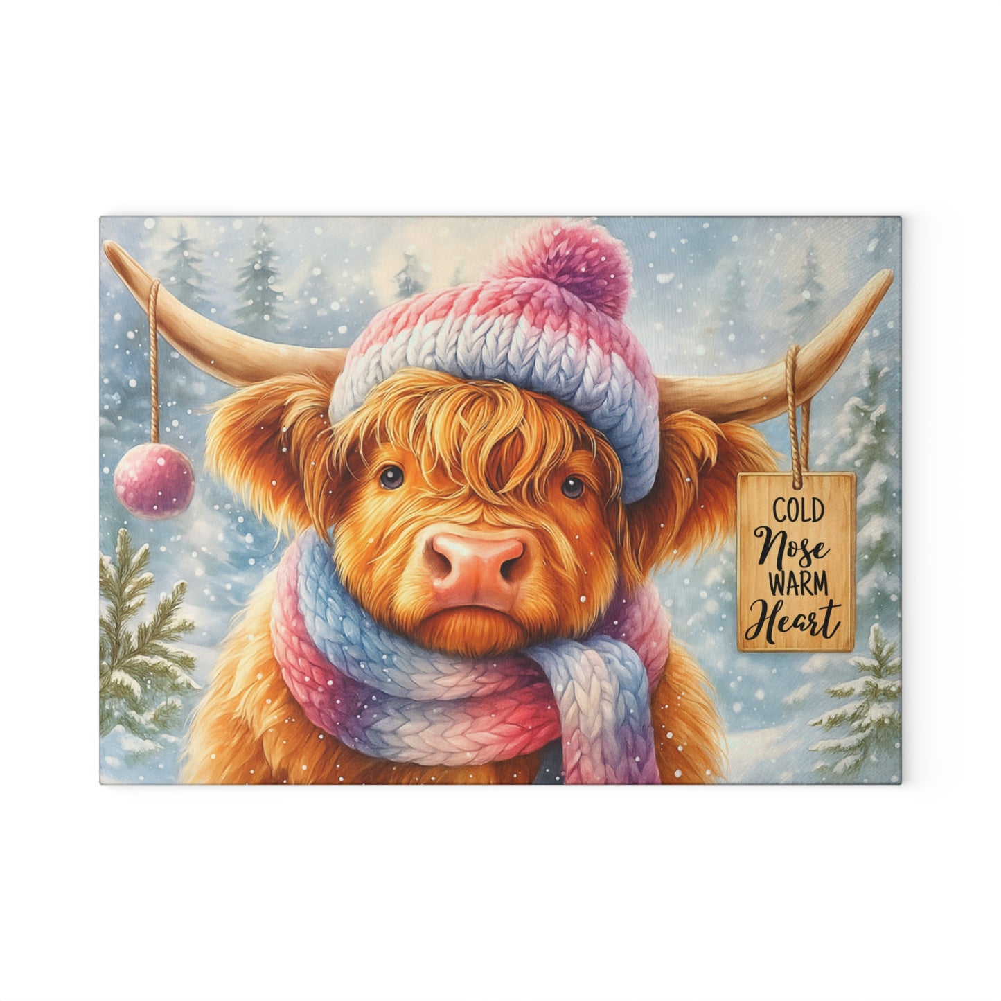🐮❄️ “Cold Nose, Warm Heart” Tempered Glass Board – Cozy Highland Winter Vibes