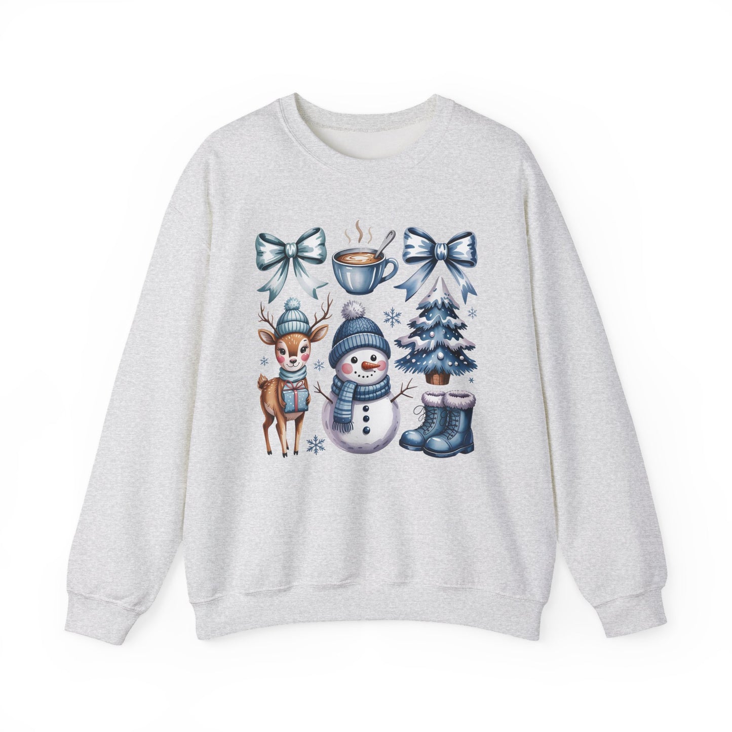❄️💙 Cozy Winter Vibes Crewneck – Reindeer, Snowman, Cocoa & Bows