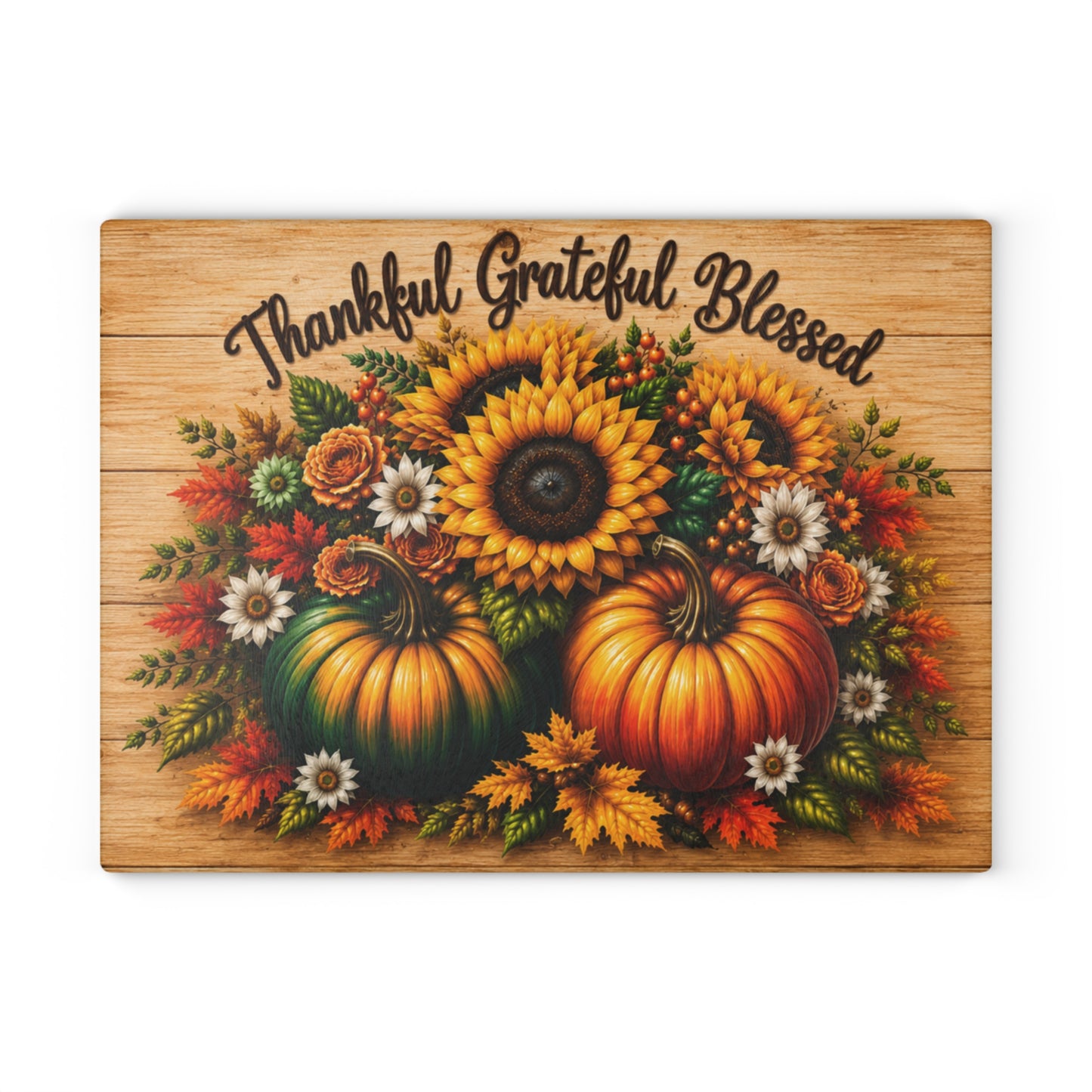 Thankful Grateful Blessed Sunflower & Pumpkin Glass Cutting Board – Fall Autumn Kitchen Decor