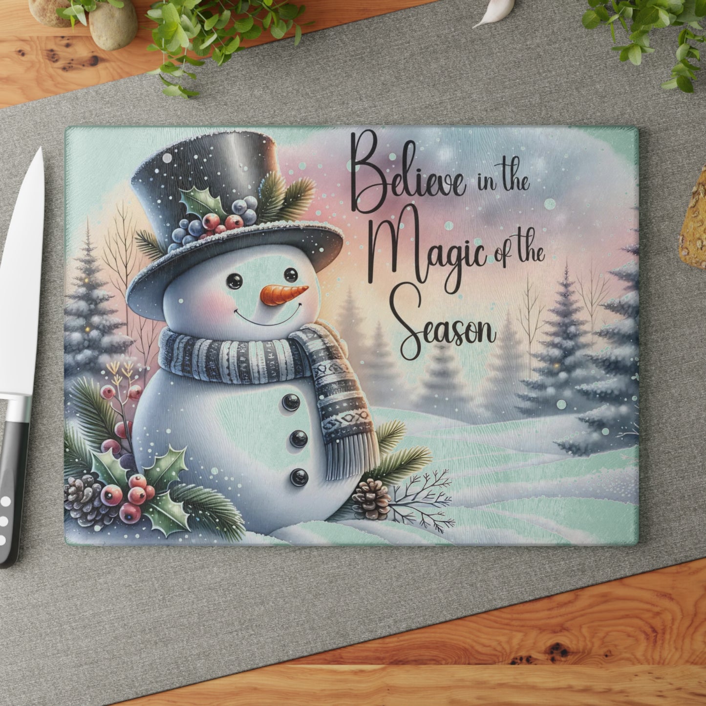 ⛄️✨ “Believe in the Magic of the Season” Glass Cutting Board – Cozy Charm for Your Kitchen