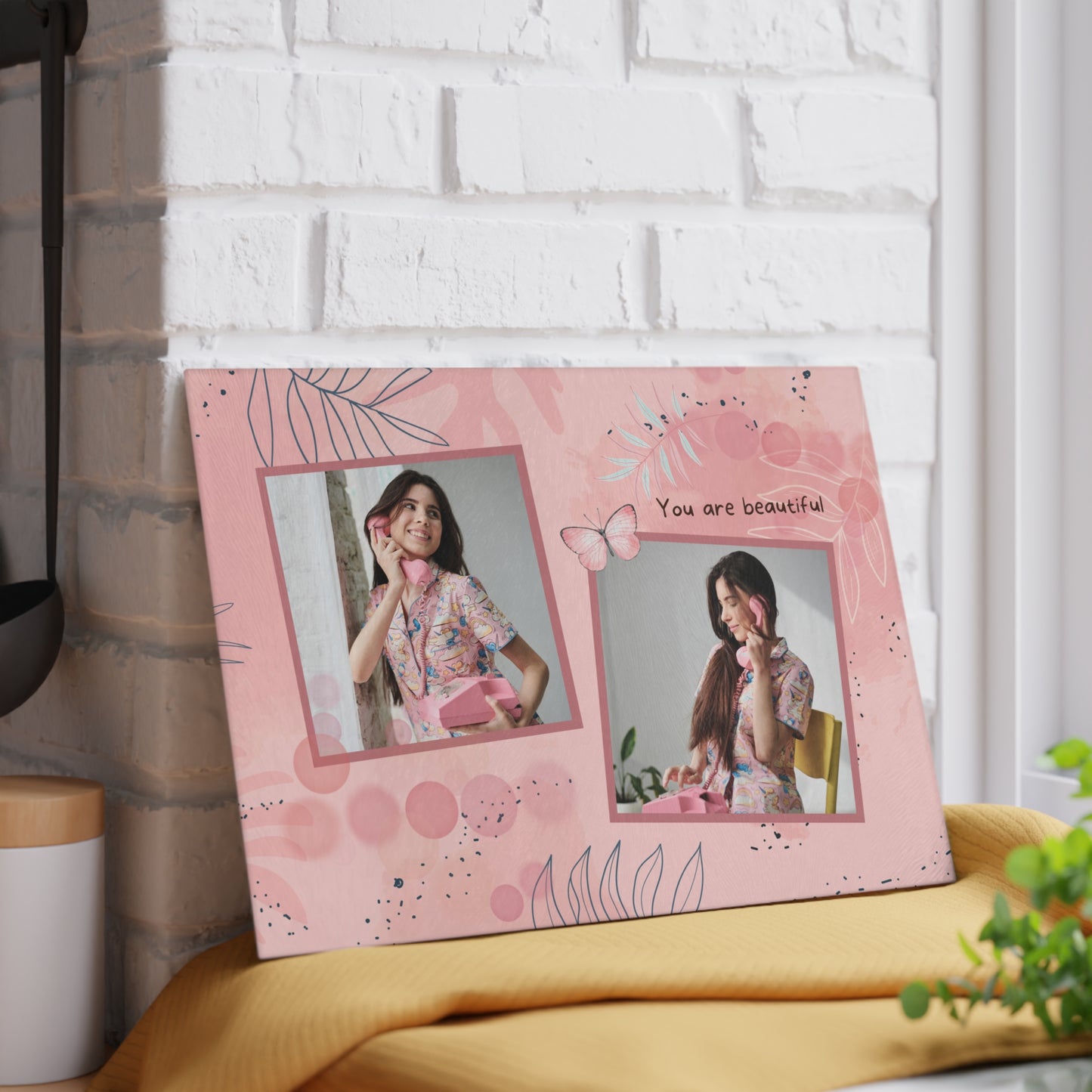 You Are Beautiful Photo Collage Glass Cutting Board – Pink Butterfly Inspirational Keepsake