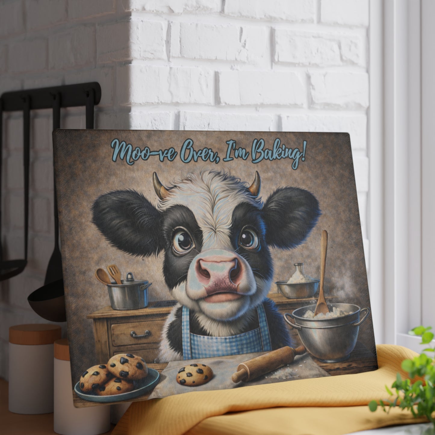 Moo-ve Over, I’m Baking! Glass Cutting Board – Whimsical Farmhouse Kitchen Decor