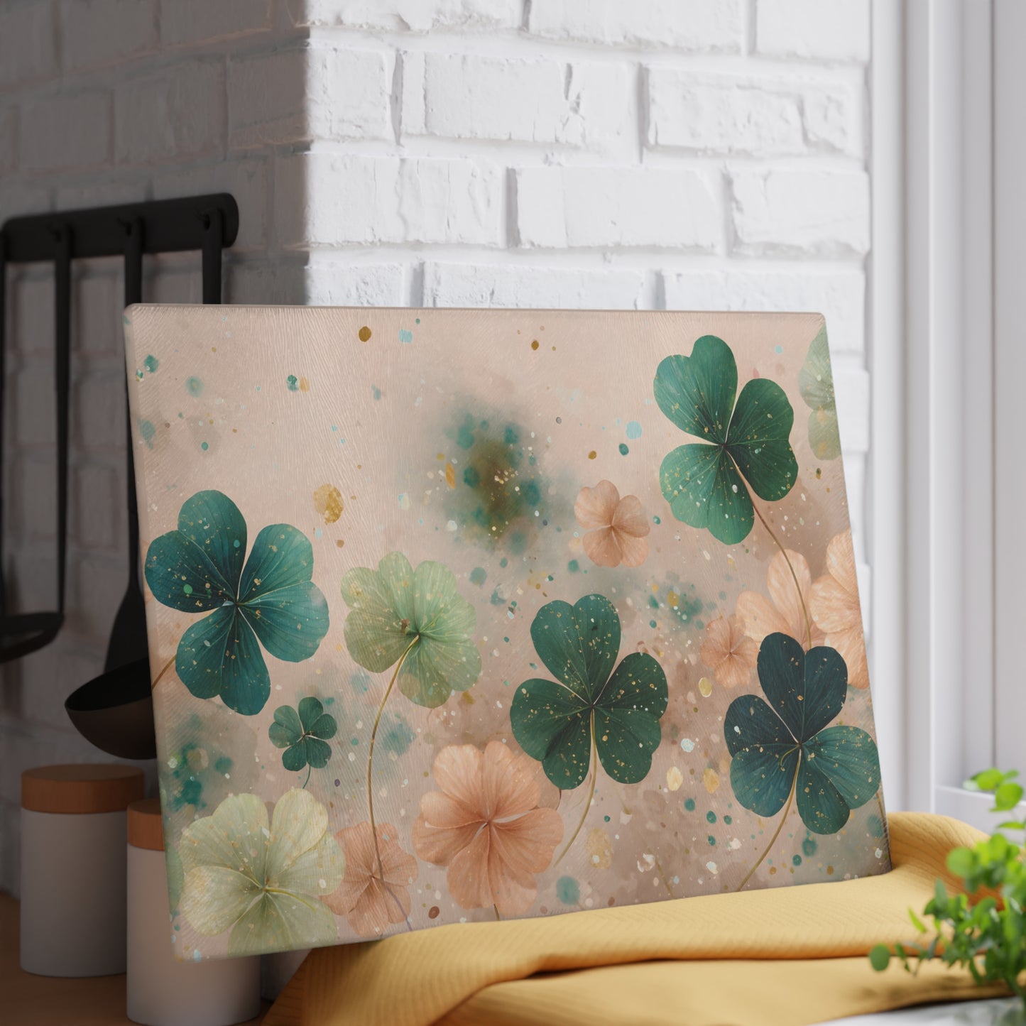 Pastel Shamrock Floral Glass Cutting Board – Soft Irish Clover Spring Kitchen Art