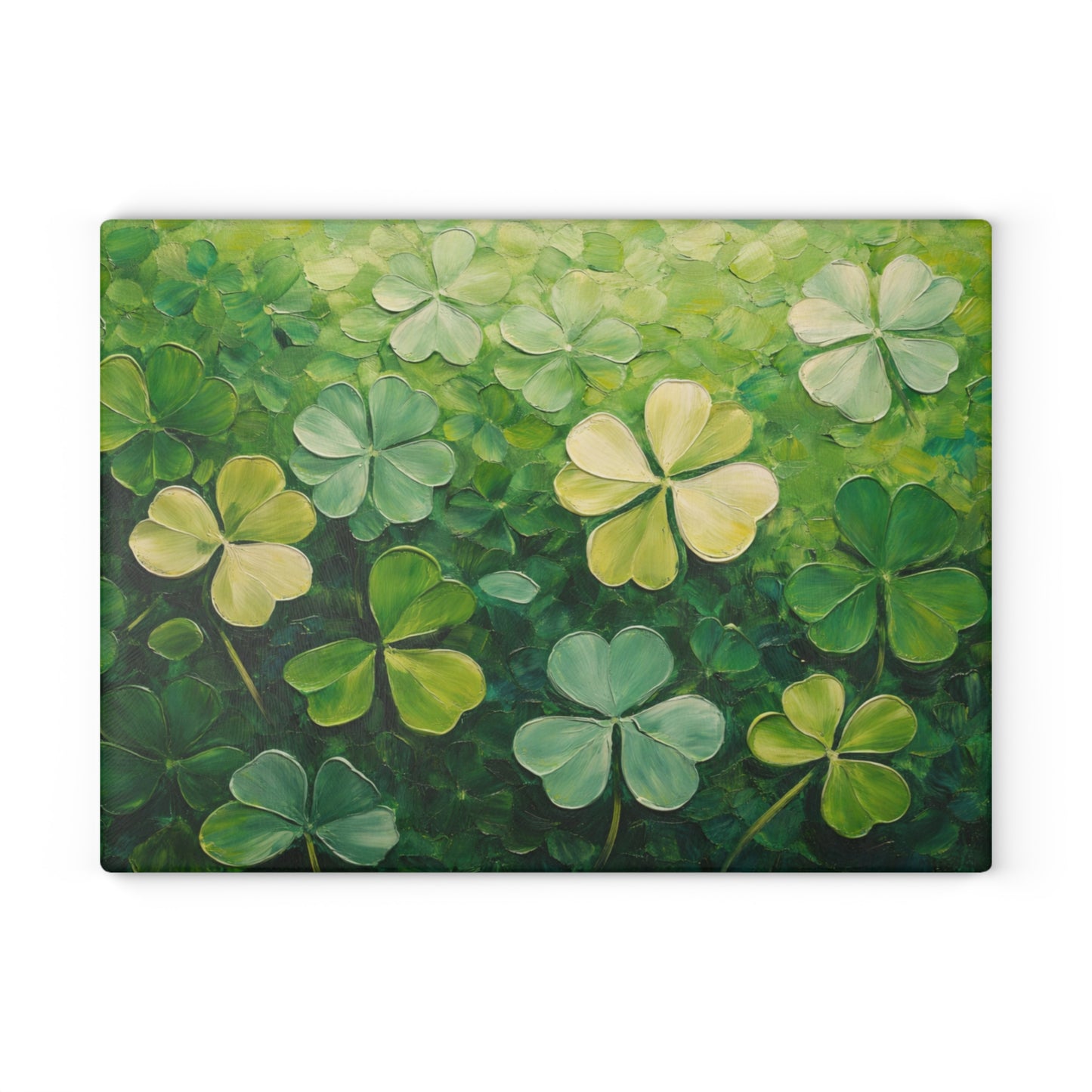 Shamrock Meadow Glass Cutting Board – Painterly Green Clover Kitchen Accent