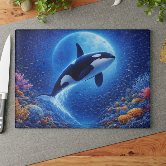 Moonlit Orca Glass Cutting Board – Majestic Ocean Night Artwork