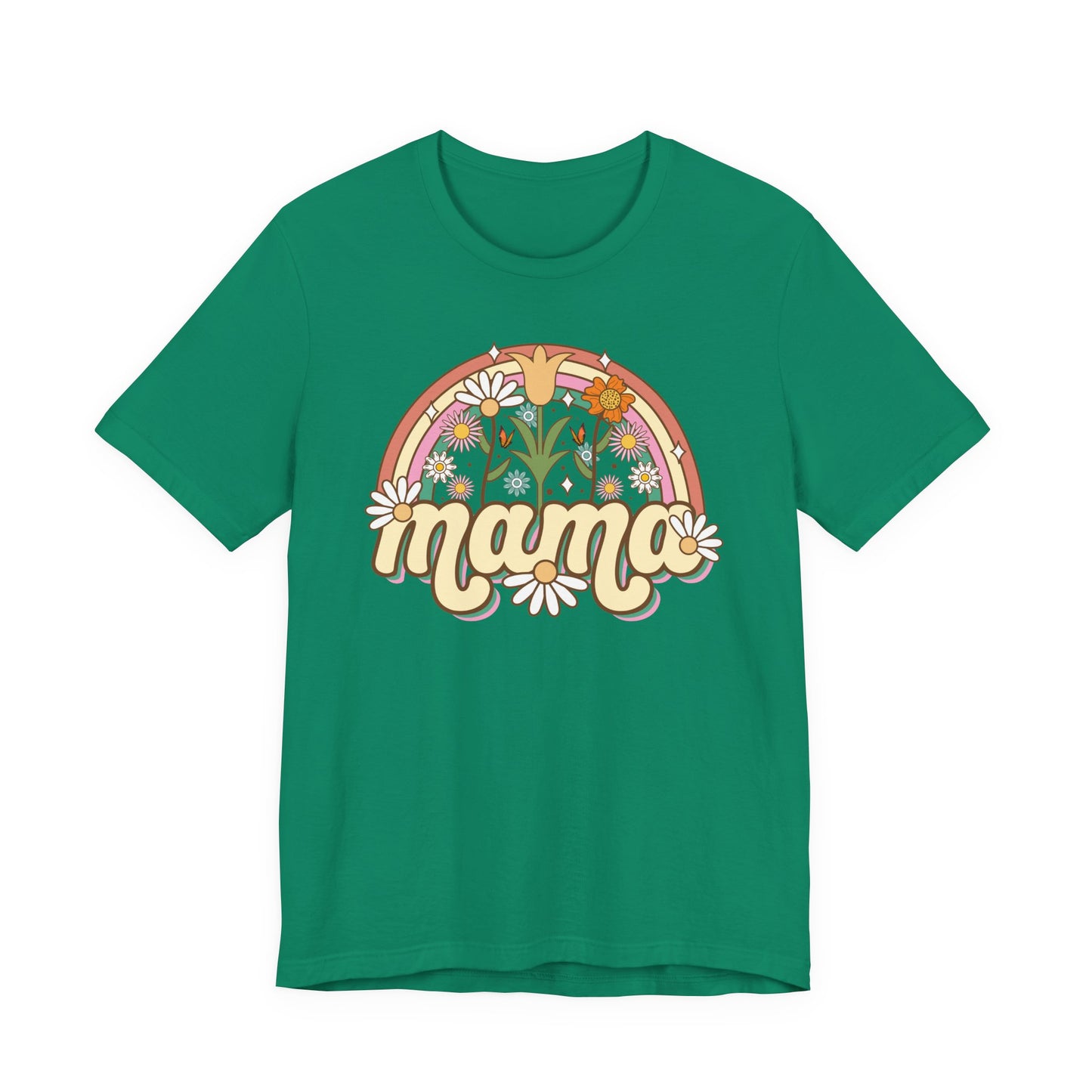 🌼🌈 Retro Floral Mama T-Shirt – Boho Rainbow Graphic Tee for Moms 🌻✨