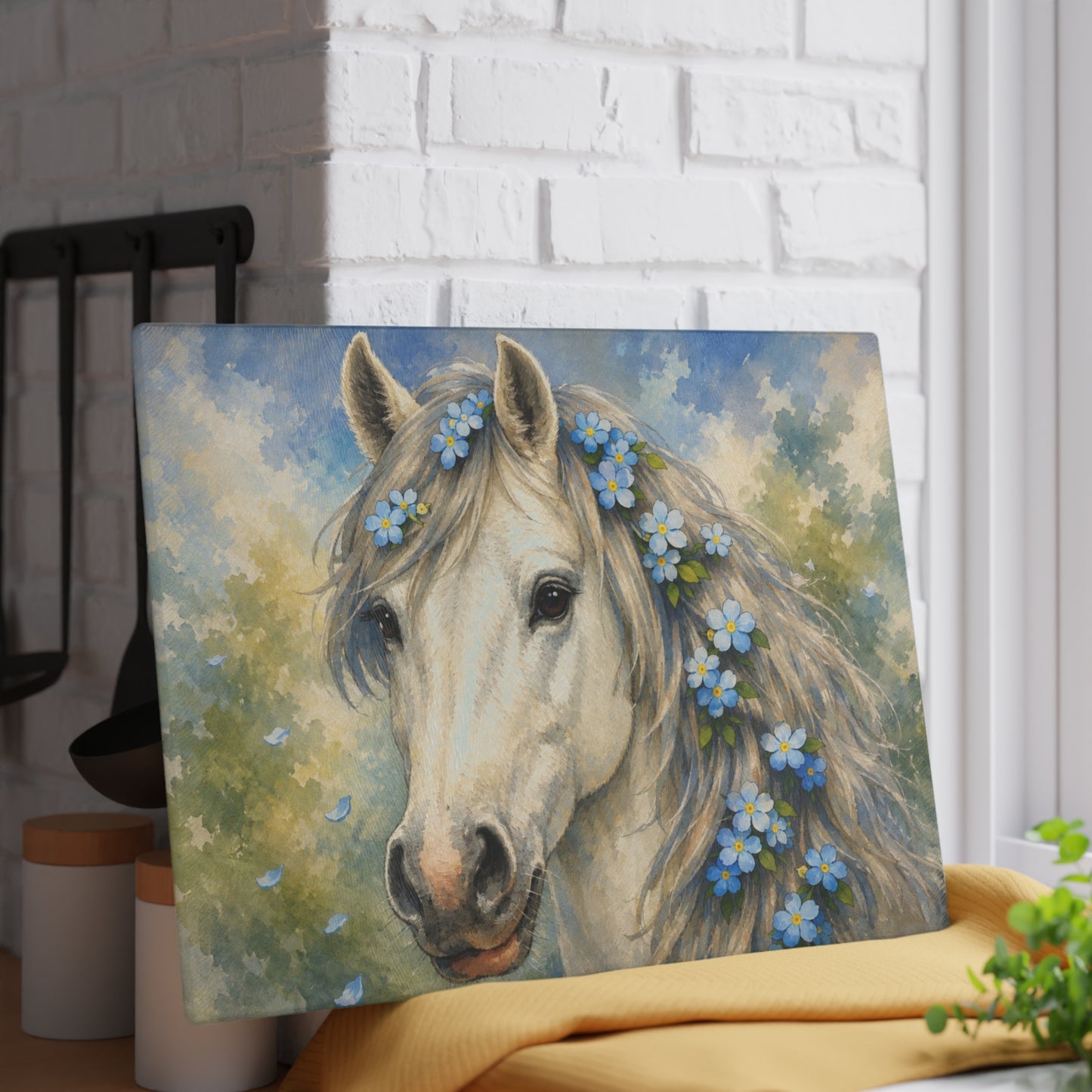 White Horse with Forget-Me-Not Flowers Glass Cutting Board – Elegant Equestrian Kitchen Decor