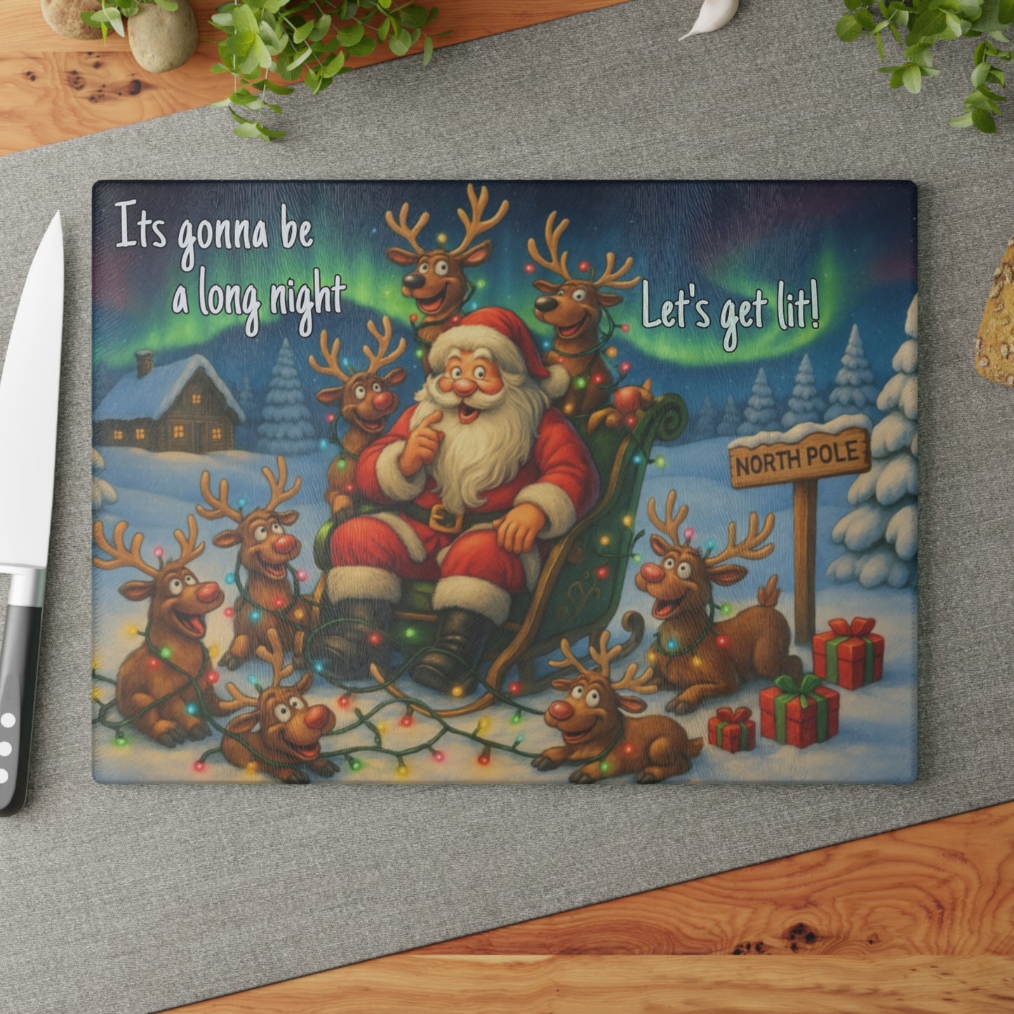 🎅✨ “Let’s Get Lit” Glass Cutting Board – Festive Cheer for Your Holiday Kitchen