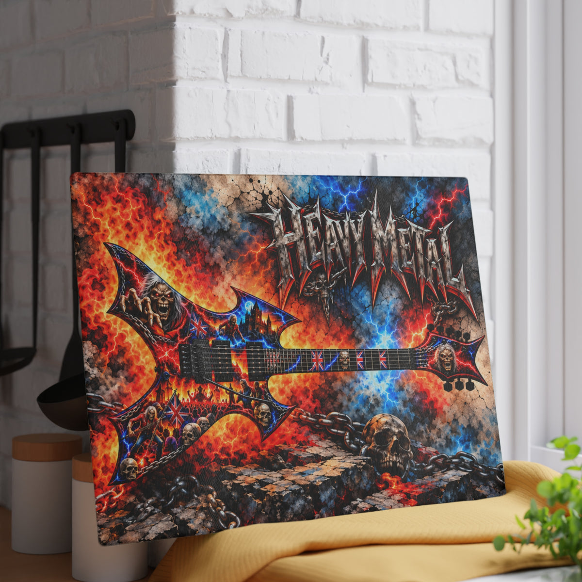 Heavy Metal Guitar Glass Cutting Board – Electric Guitar, Fire, Lightning, Skulls & Rock Music Artwork