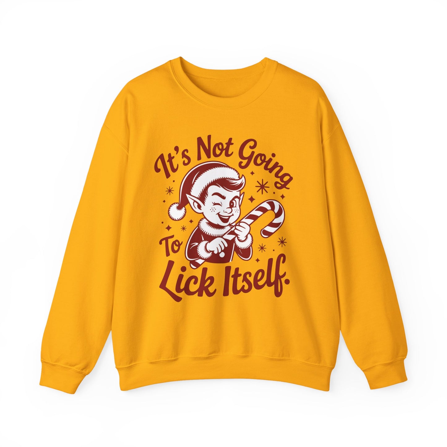 🍭😅 “It’s Not Going To Lick Itself” Men’s Funny Elf Sweatshirt – Bold Candy Cane Humor Crewneck