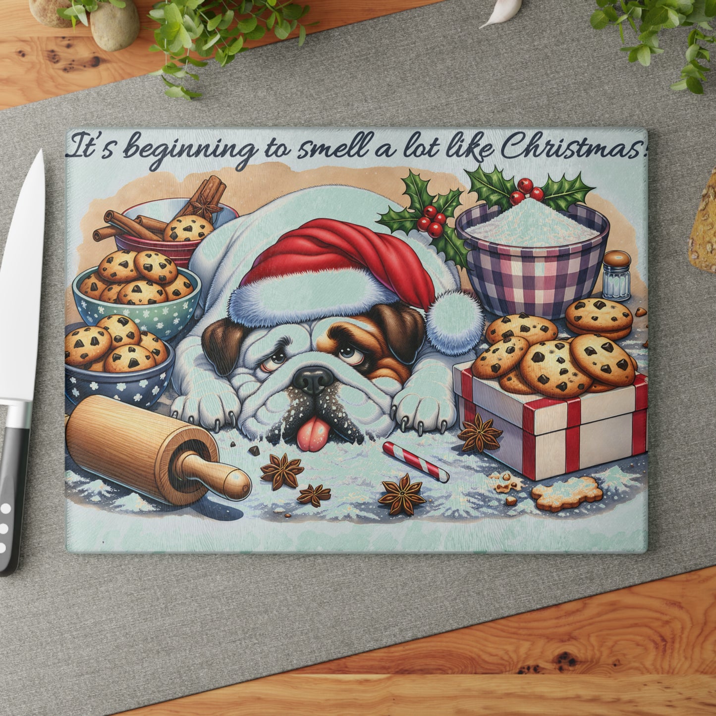 🐶🎄 “It’s Beginning to Smell a Lot Like Christmas” Bulldog Cutting Board – Festive Kitchen Cheer