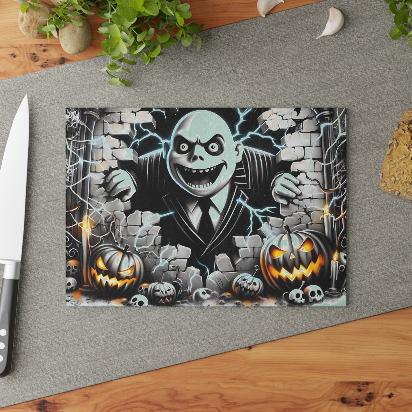 🎃 Haunting Brick Wall Villain Cutting Board – Electric Scare & Pumpkin Glow Kitchen Horror 💀⚡