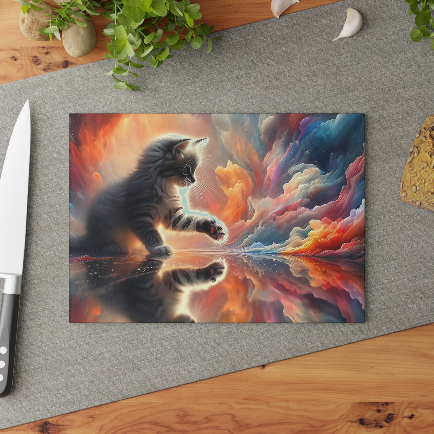 Tabla de cortar con diseño de gatito celestial: decoración de cocina con un toque de fantasía galáctica