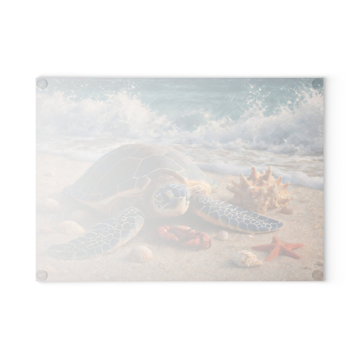 Sea Turtle Shoreline Glass Cutting Board – Coastal Beach Scene with Gentle Ocean Waves