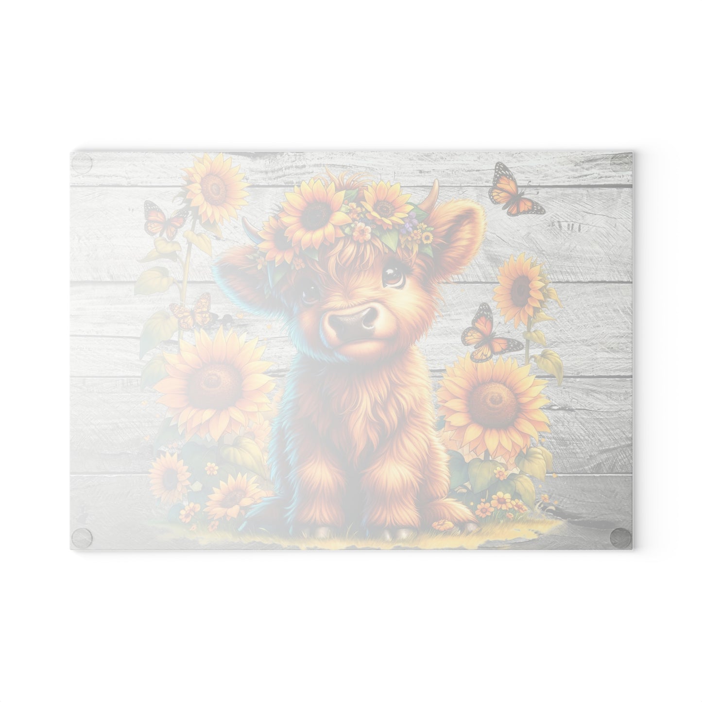 Highland Cow with Sunflowers & Butterflies – Rustic Floral Glass Cutting Board