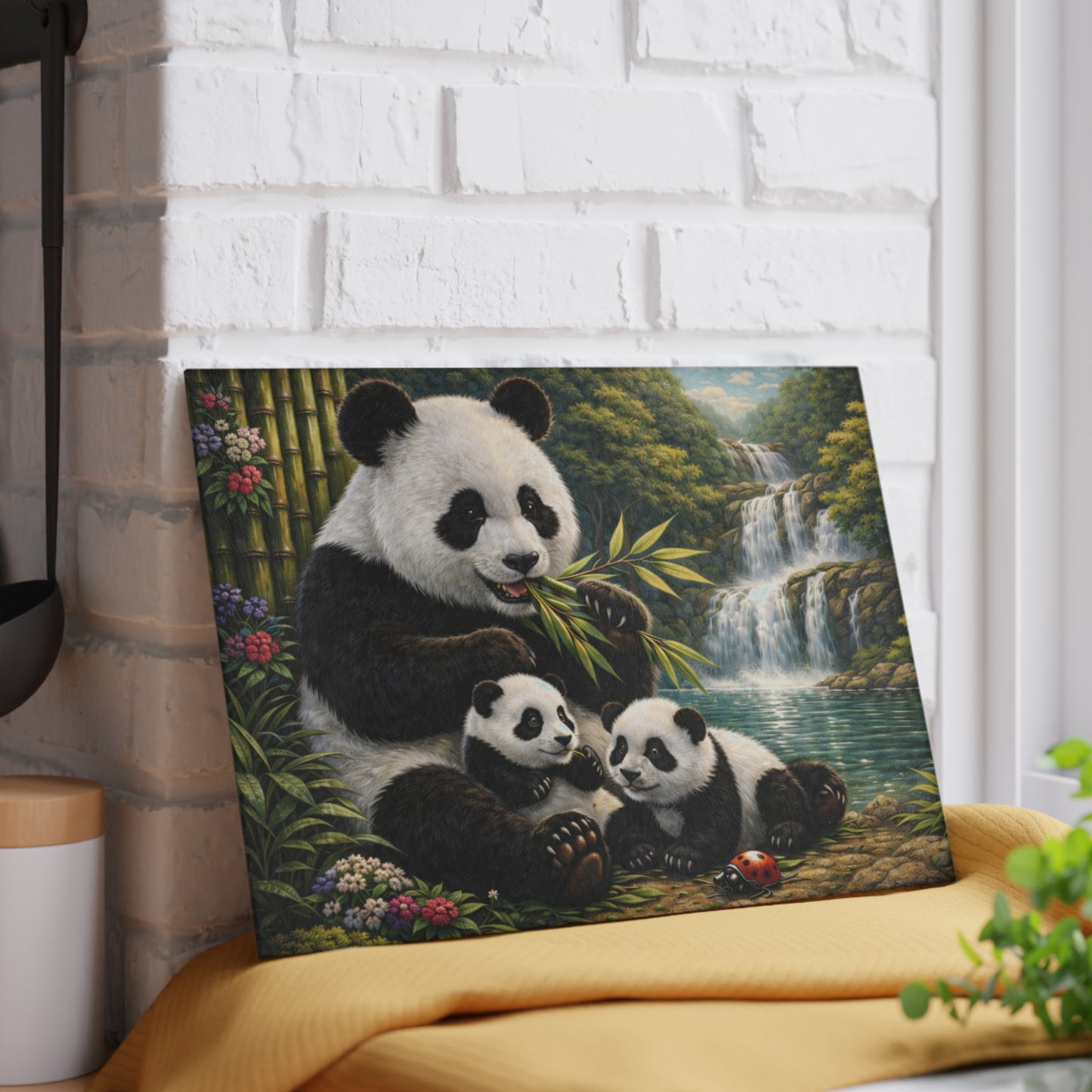 Panda Family by Waterfall Glass Cutting Board – Peaceful Bamboo Forest Wildlife Artwork