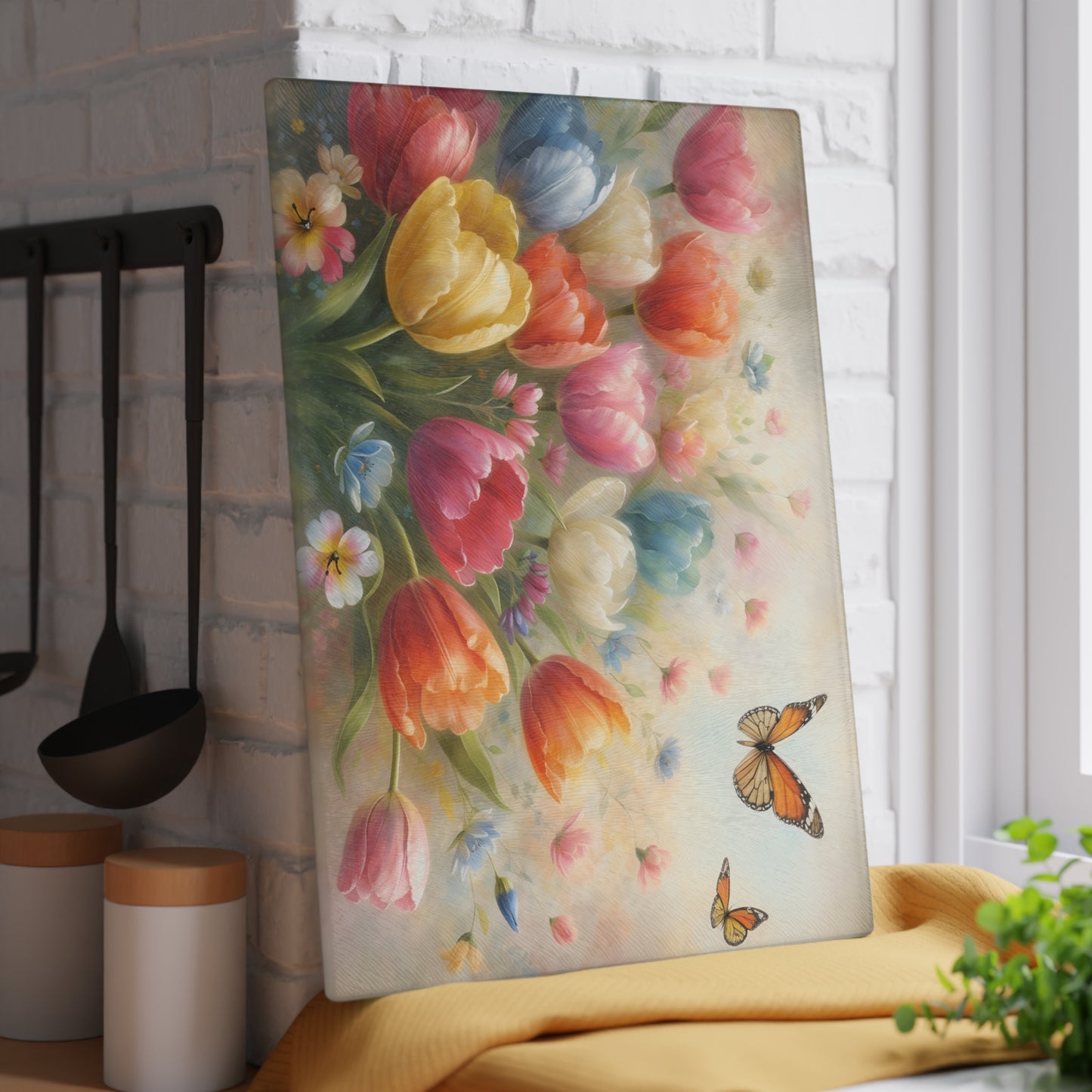 Tulips and Butterflies Glass Cutting Board – Elegant Floral Spring Kitchen Art