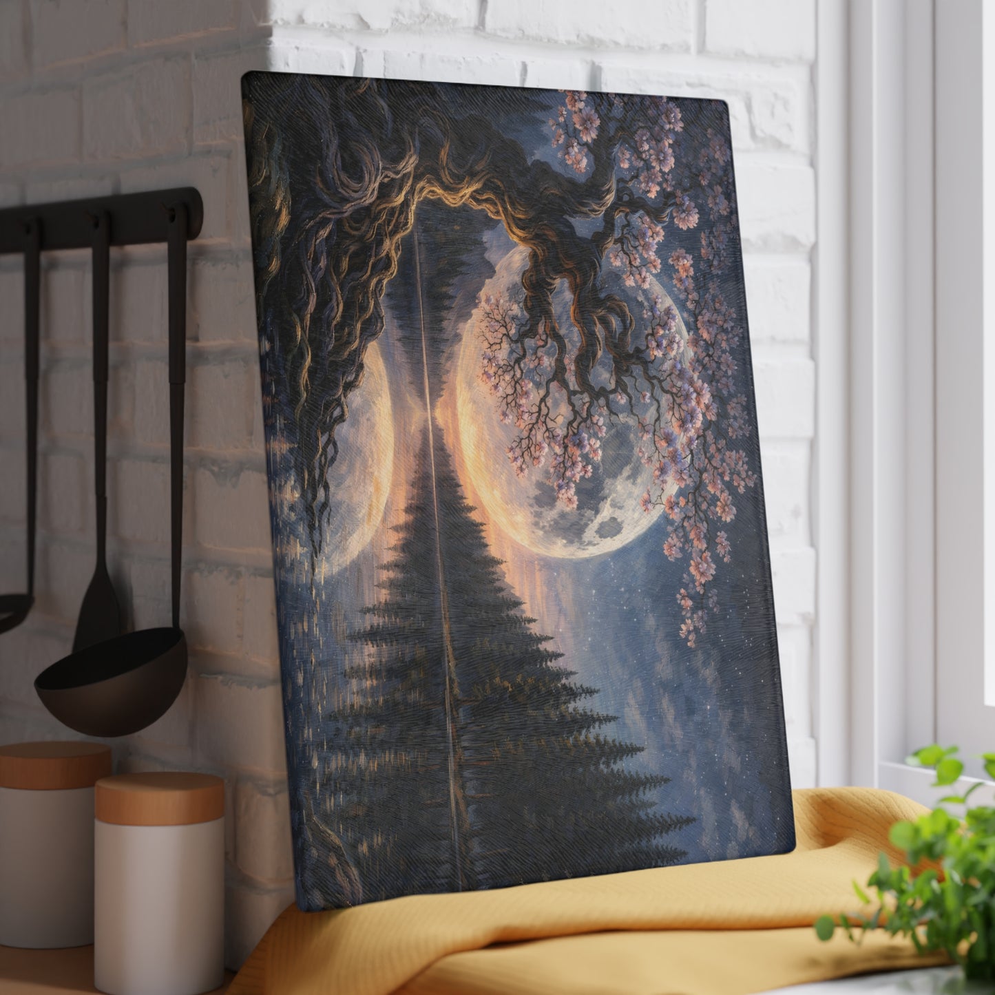 Moonlit Blossom Tree Glass Cutting Board – Dreamlike Night Landscape Art
