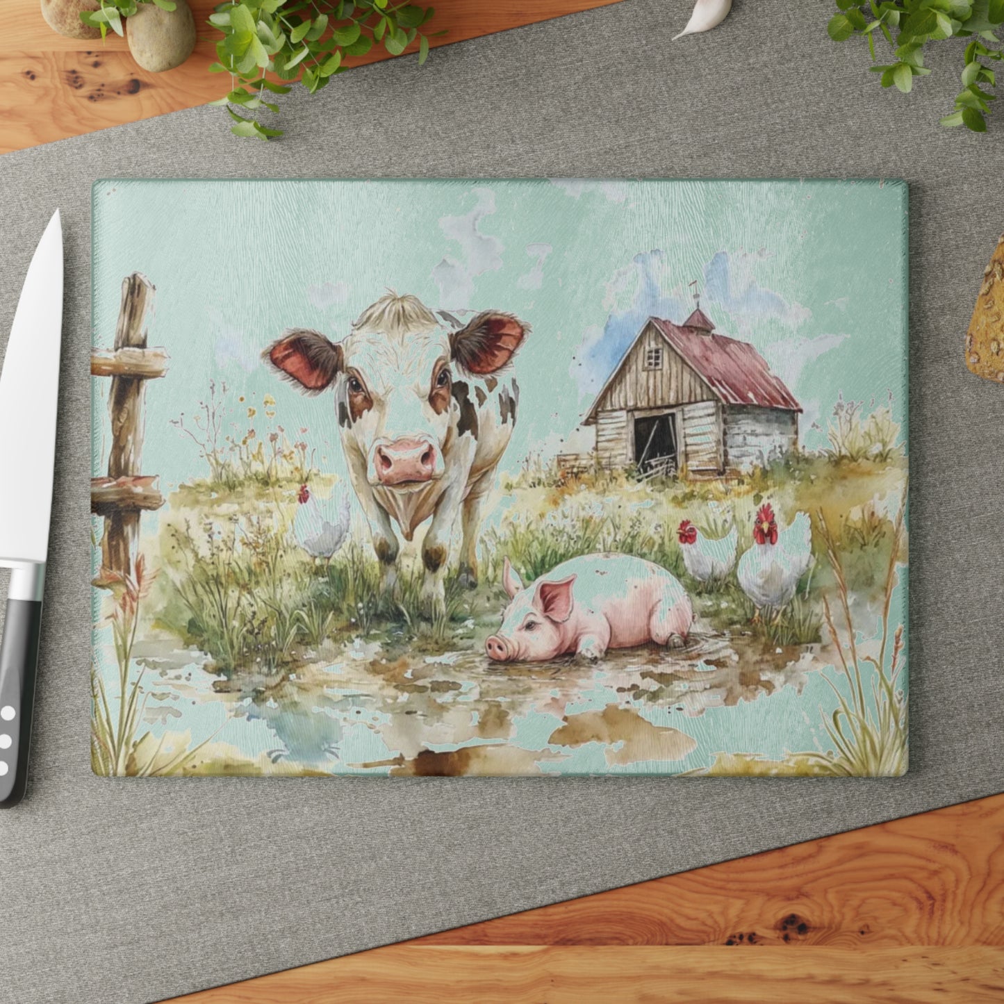 🐮🐷🐔 “Pasture Pals Farm Day” Glass Cutting Board – Sweet Country Scene