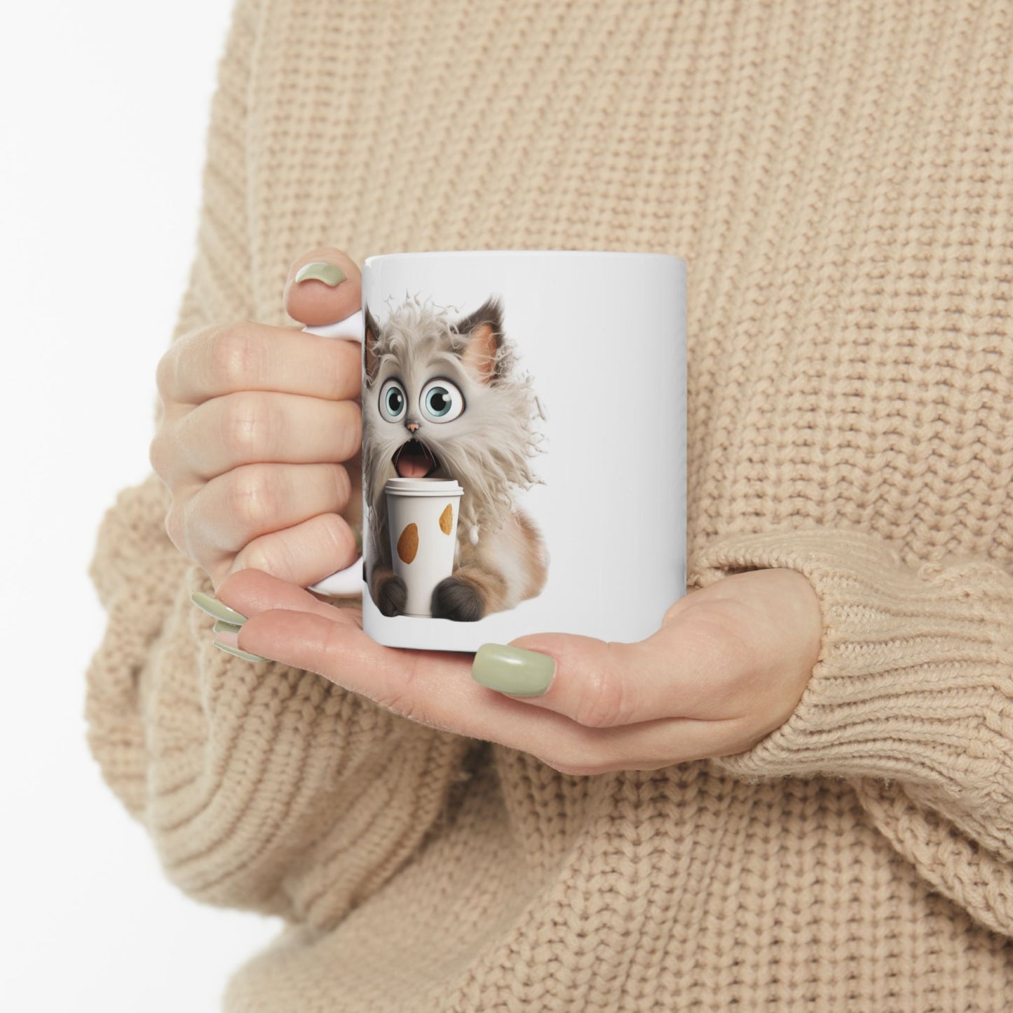 Fluffy Cat Coffee Mug – Funny Surprised Cat Holding a Coffee Cup – Personalized