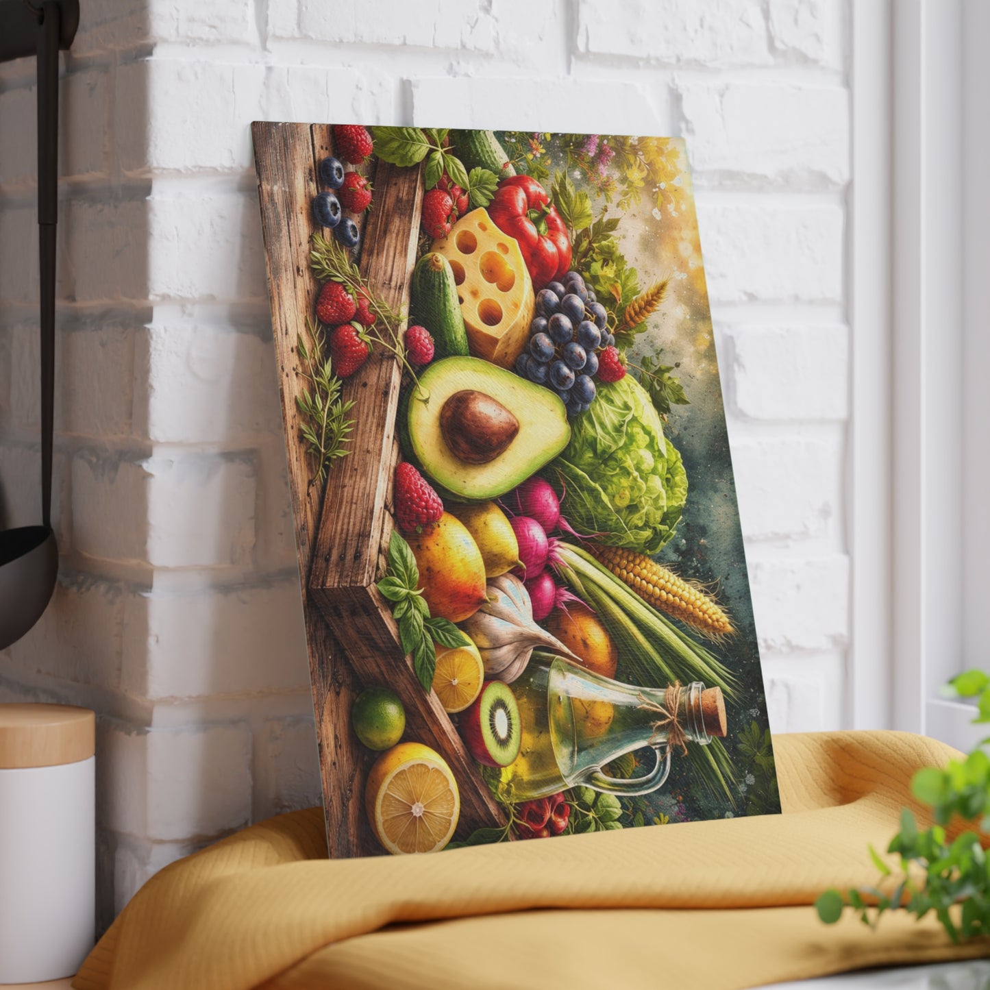 Fresh Harvest Farmhouse Glass Cutting Board – Rustic Market Fruit & Vegetable Kitchen Decor