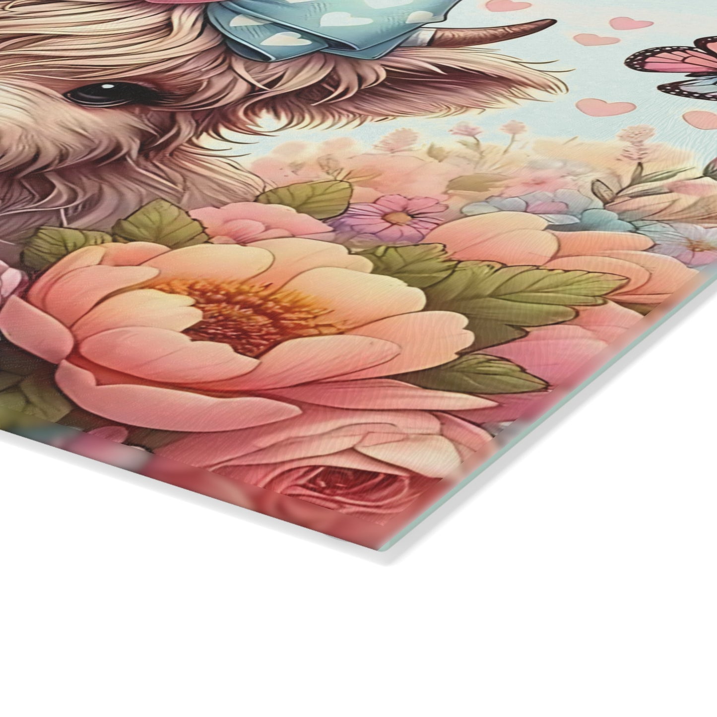 Highland Cow Glass Cutting Board with Bow, Flowers & Butterflies