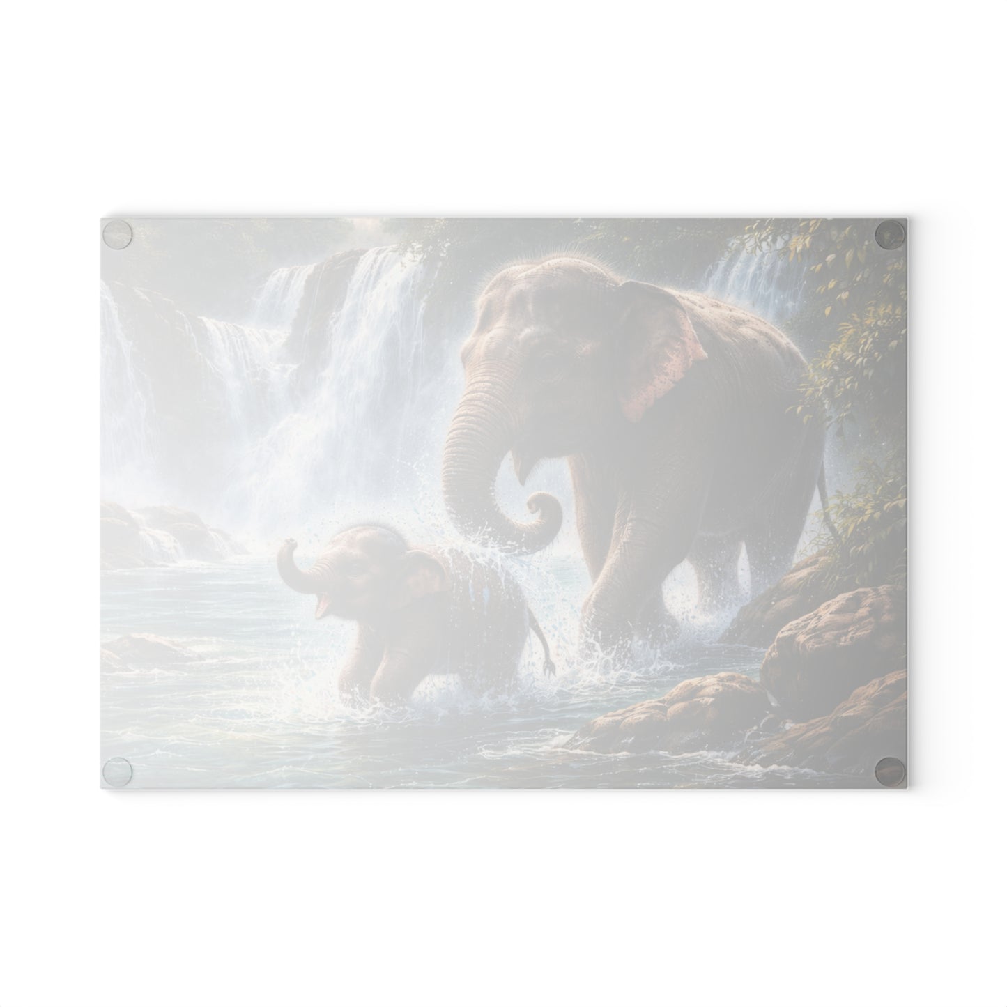 Elephant Waterfall Adventure Glass Cutting Board – Playful Wildlife Nature Kitchen Art