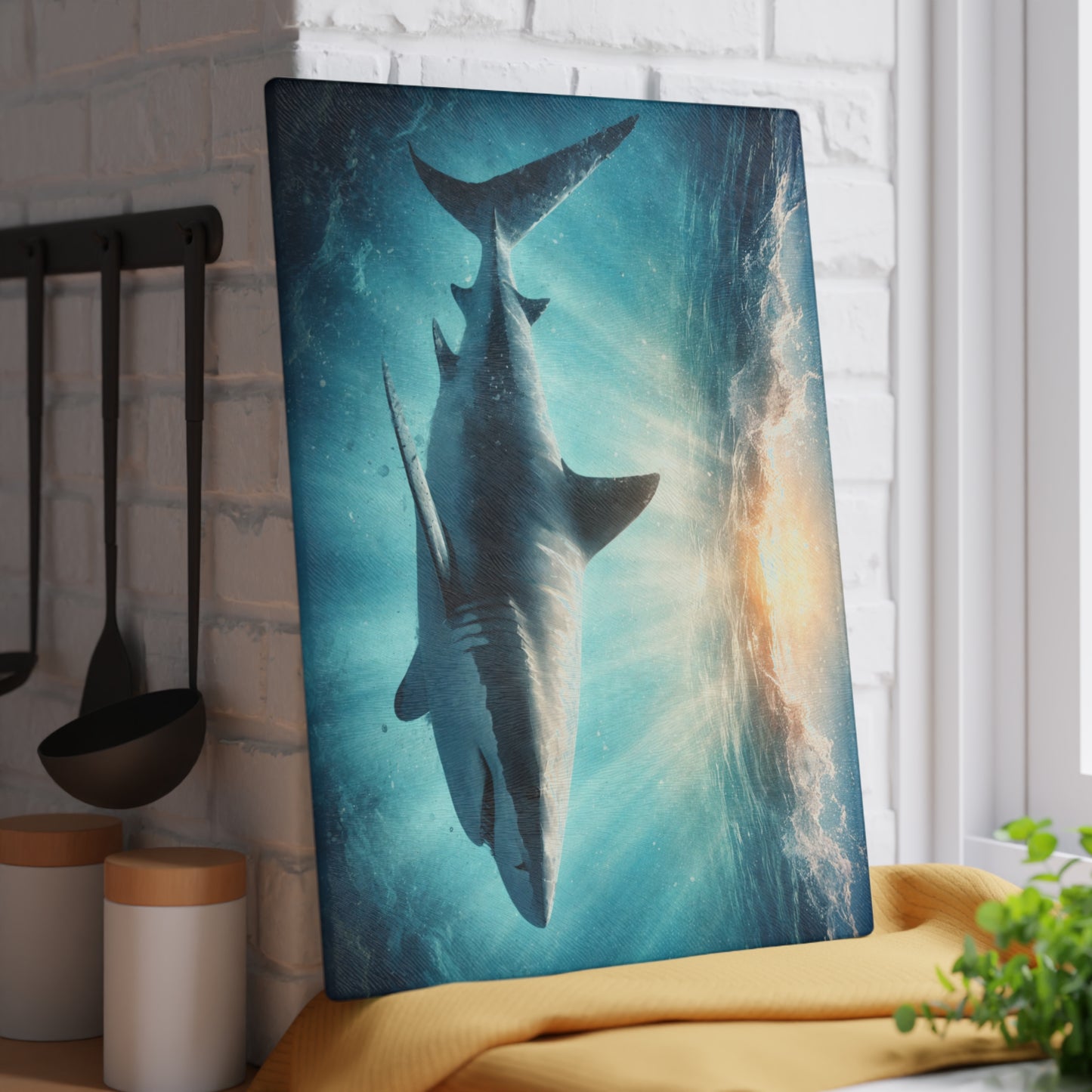 Ocean Guardian Glass Cutting Board – Majestic Shark in Sunlit Blue Waters