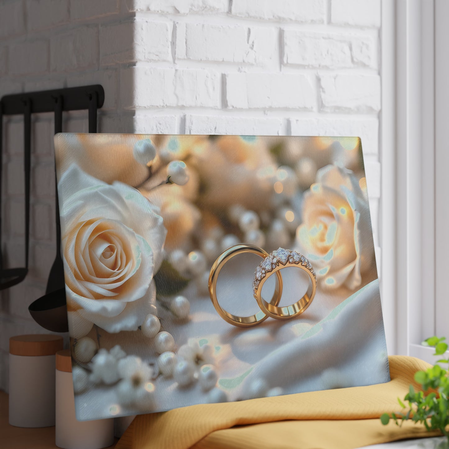 💒 White Rose & Gold Rings Cutting Board – Timeless Elegance for Weddings & Love