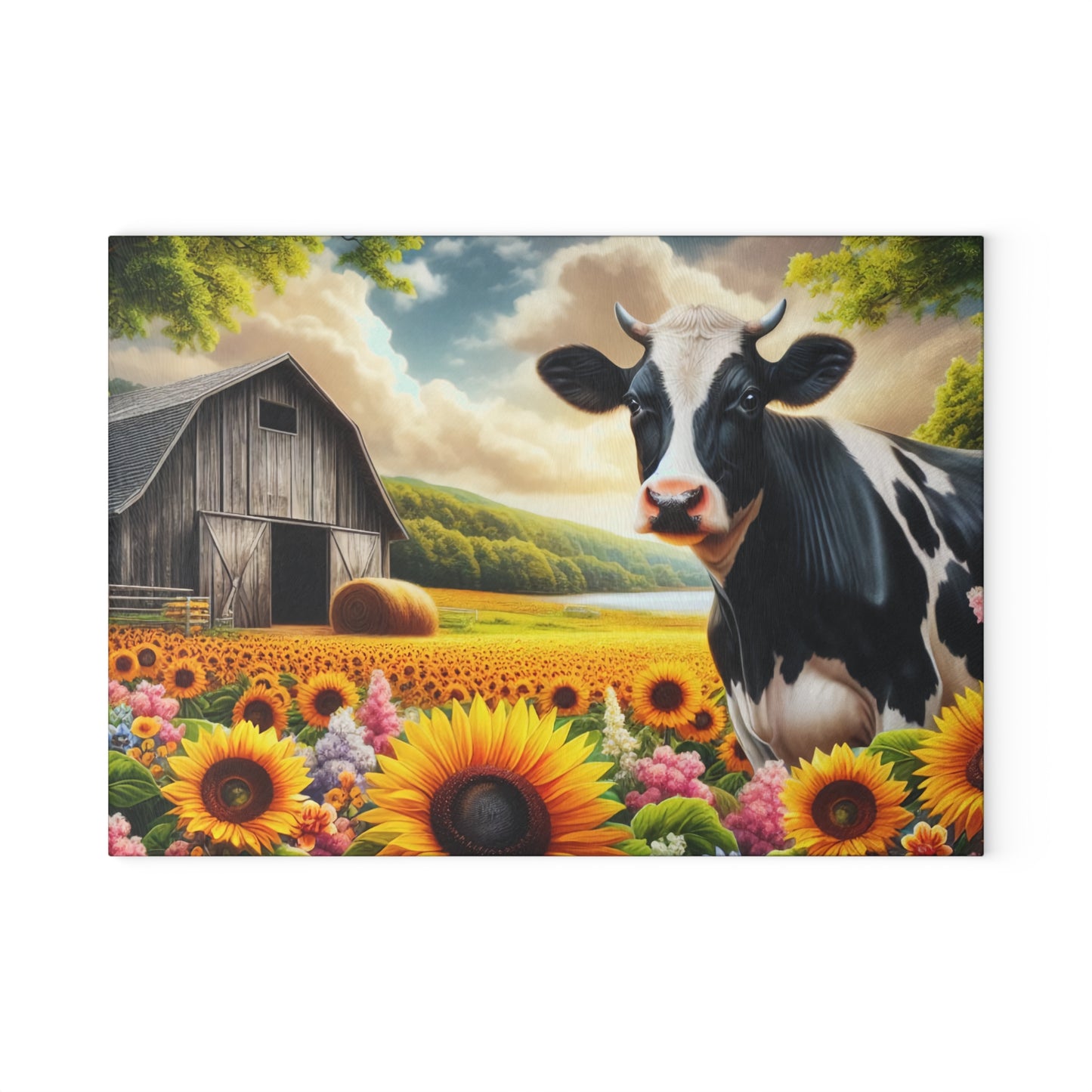 🐄🌻 Black & White Cow in Sunflower Field Glass Cutting Board – Peaceful Barn, Lake & Nature Scene 🌳