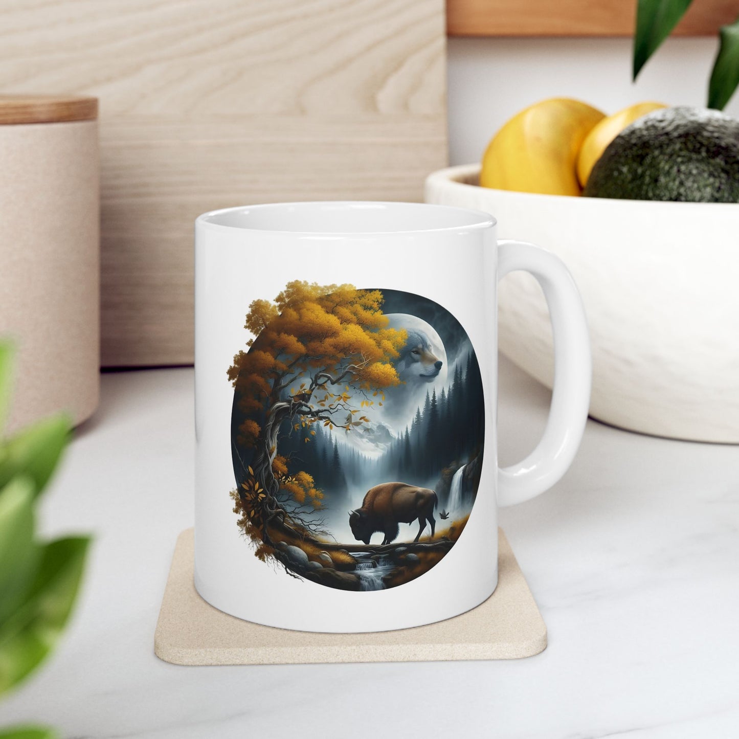 🌙🐂 Wolf & Buffalo Spirit Mug – Autumn Nature Coffee Cup ☕🌲
