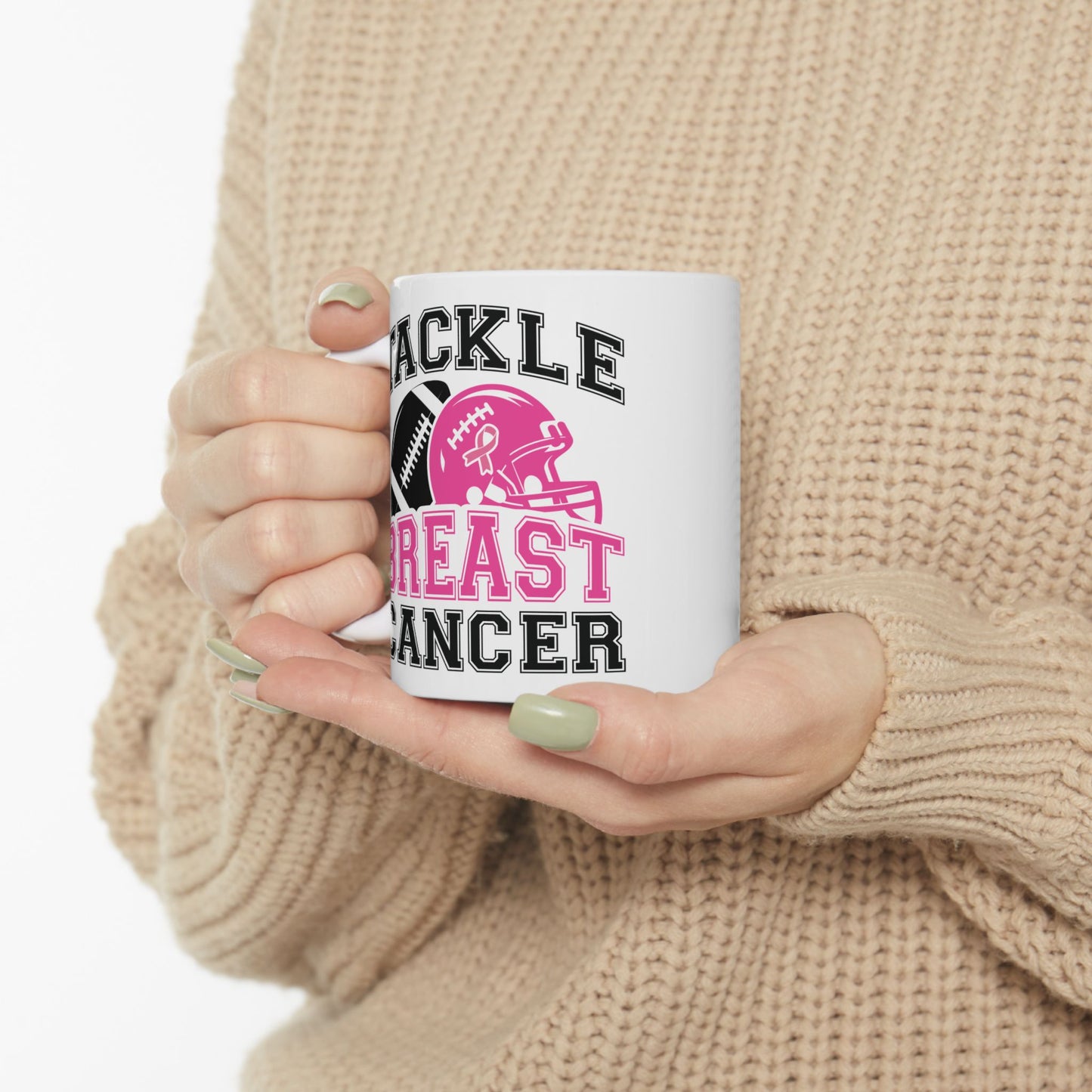 🏈🎀 Tackle Breast Cancer Mug – Football Strength Meets Awareness 💗