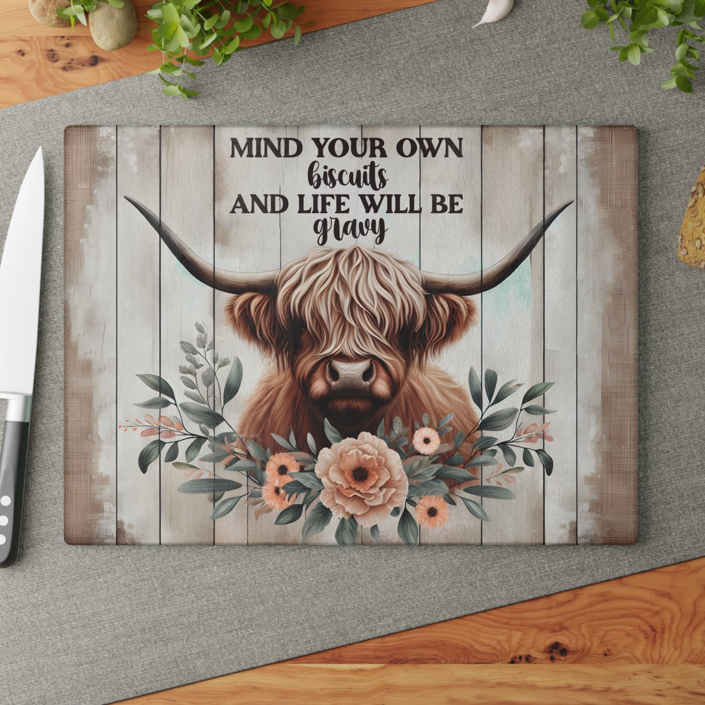 🐄 “Mind Your Own Biscuits” Cutting Board – Sass, Southern Charm & Farmhouse Fun