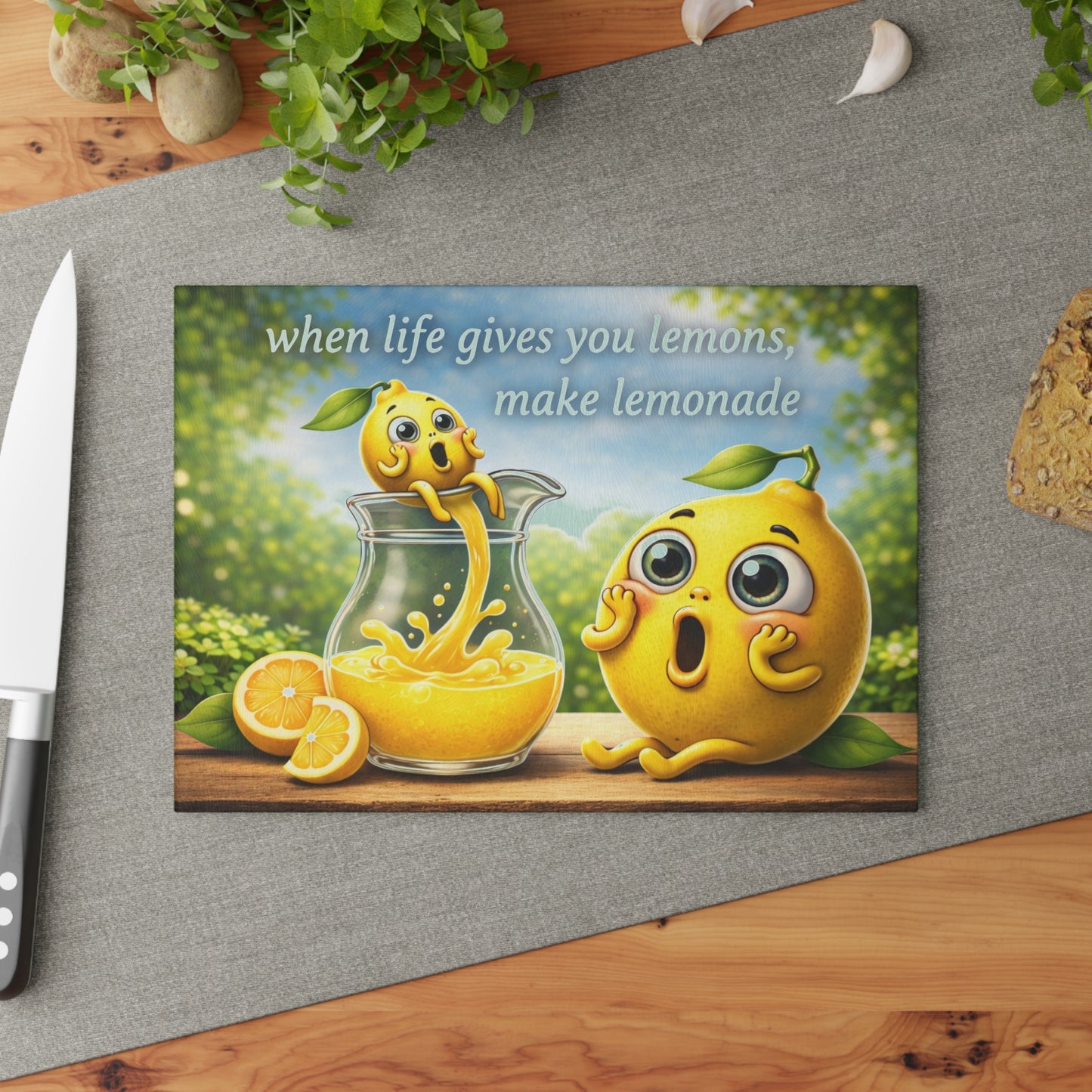 When Life Gives You Lemons Glass Cutting Board – Cute Lemonade Kitchen Art with Positive Quote