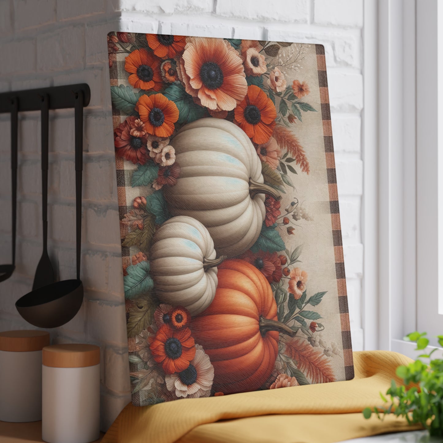 🍂🎃 Autumn Pumpkins and Florals Cutting Board – Rustic Fall Kitchen Décor 🍁🌻