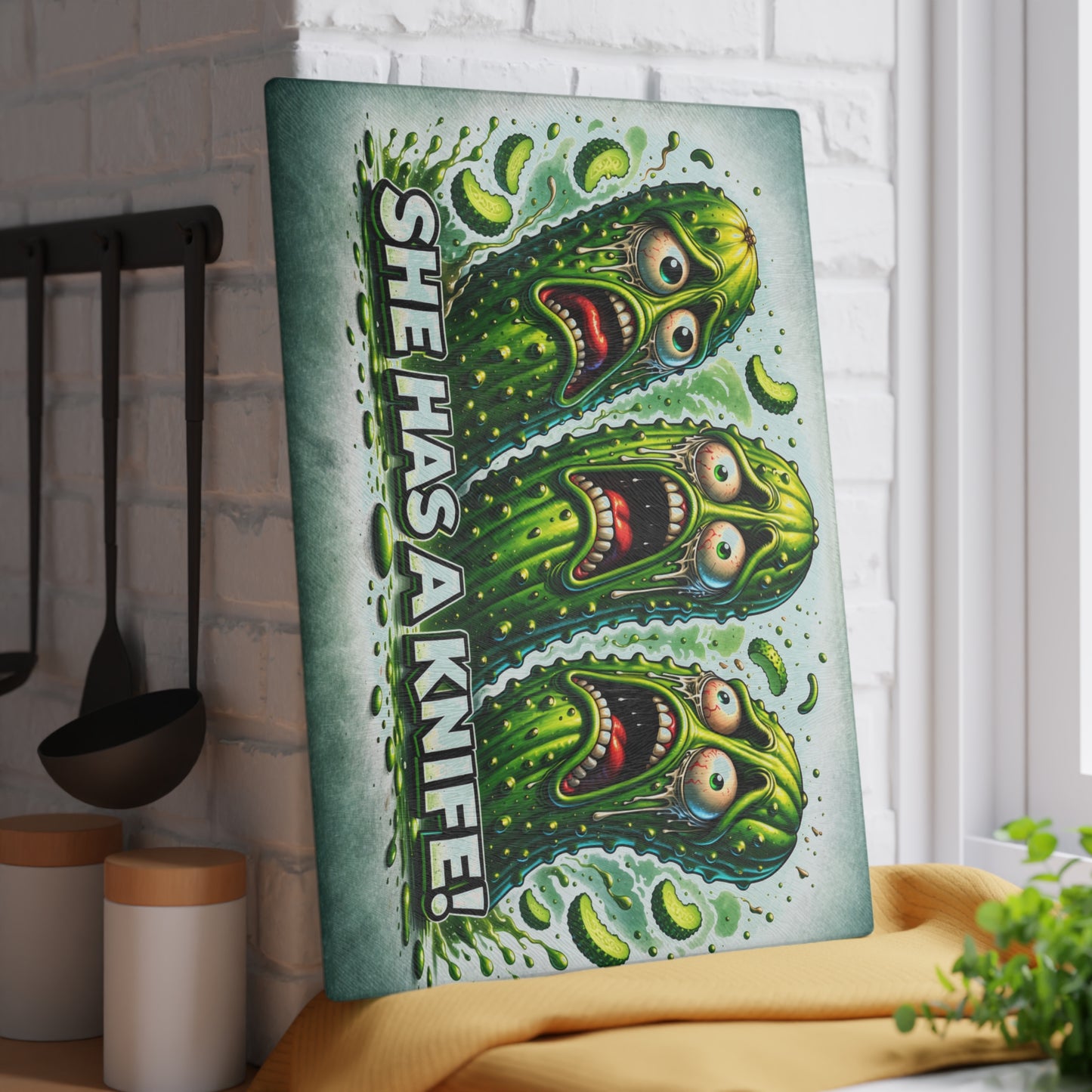 She Has a Knife! Glass Cutting Board – Pickle Panic Funny Kitchen Decor