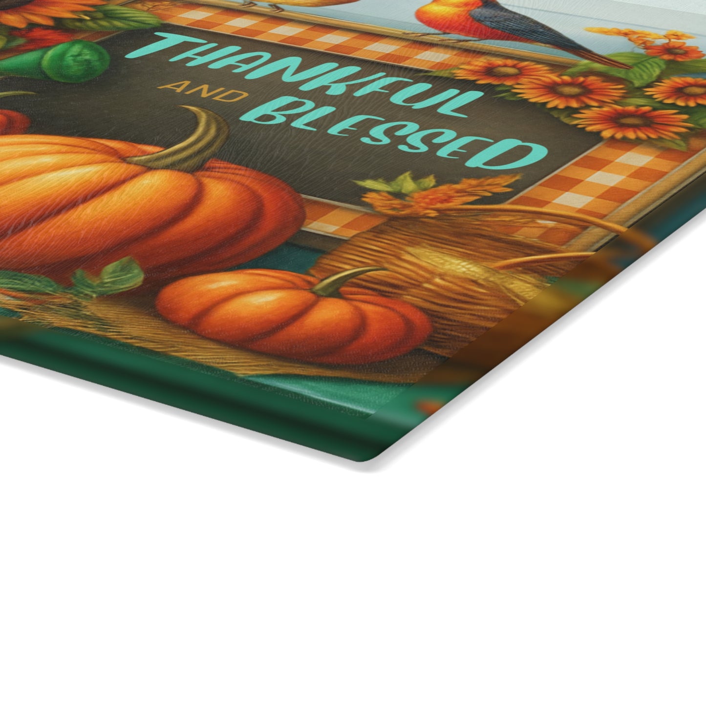 🍂🌻 “Thankful & Blessed Harvest” Tempered Glass Board – Sunny Fall Kitchen Cheer